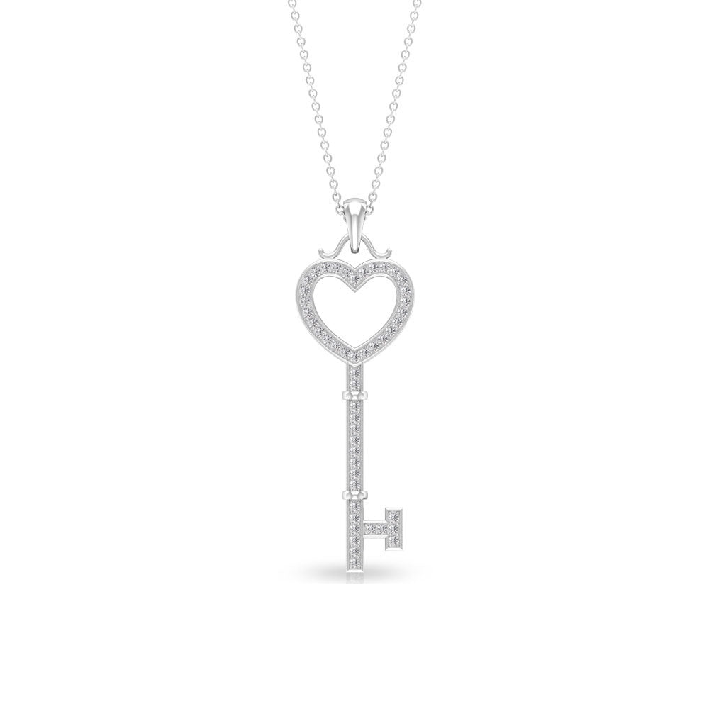 Open Heart Key Pendant with Zircon Zircon - ( AAAA ) - Quality - Rosec Jewels