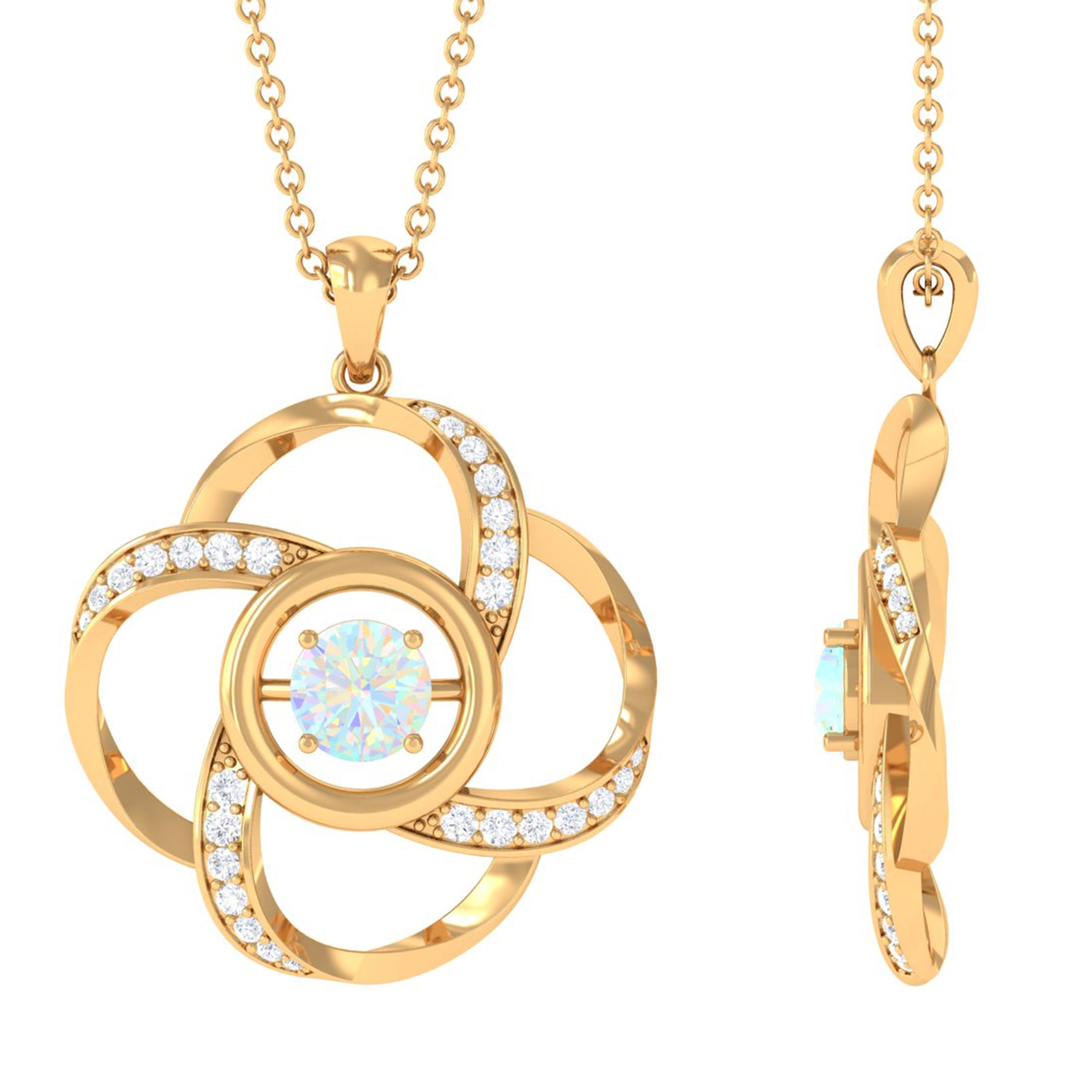 Natural Ethiopian Opal Floral Pendant Necklace with Diamond Ethiopian Opal - ( AAA ) - Quality - Rosec Jewels