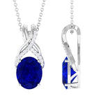 Oval Created Blue Sapphire Solitaire Pendant with Diamond Twisted Bail Lab Created Blue Sapphire - ( AAAA ) - Quality - Rosec Jewels