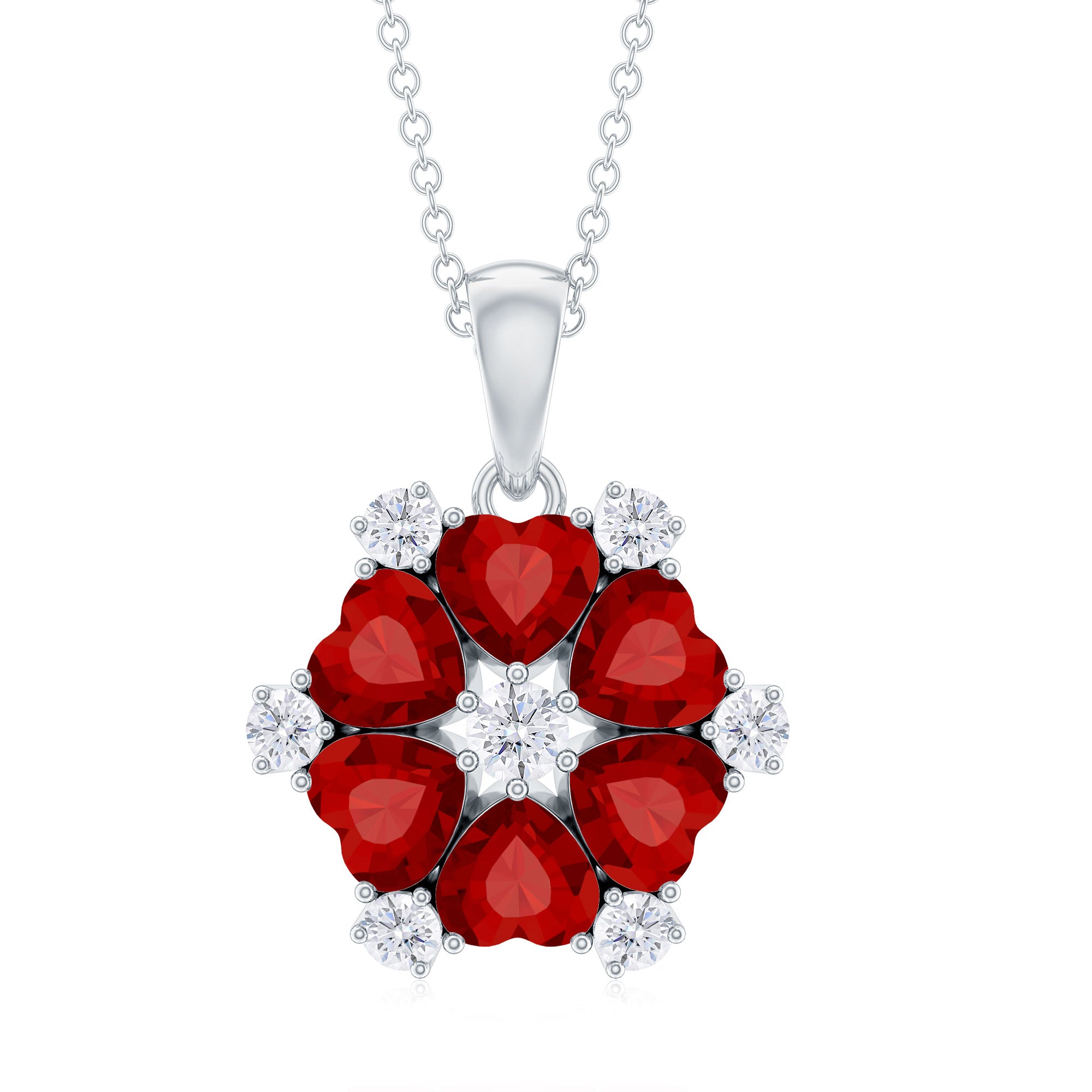 3 CT Heart Shape Created Ruby and Diamond Flower Pendant Lab Created Ruby - ( AAAA ) - Quality - Rosec Jewels
