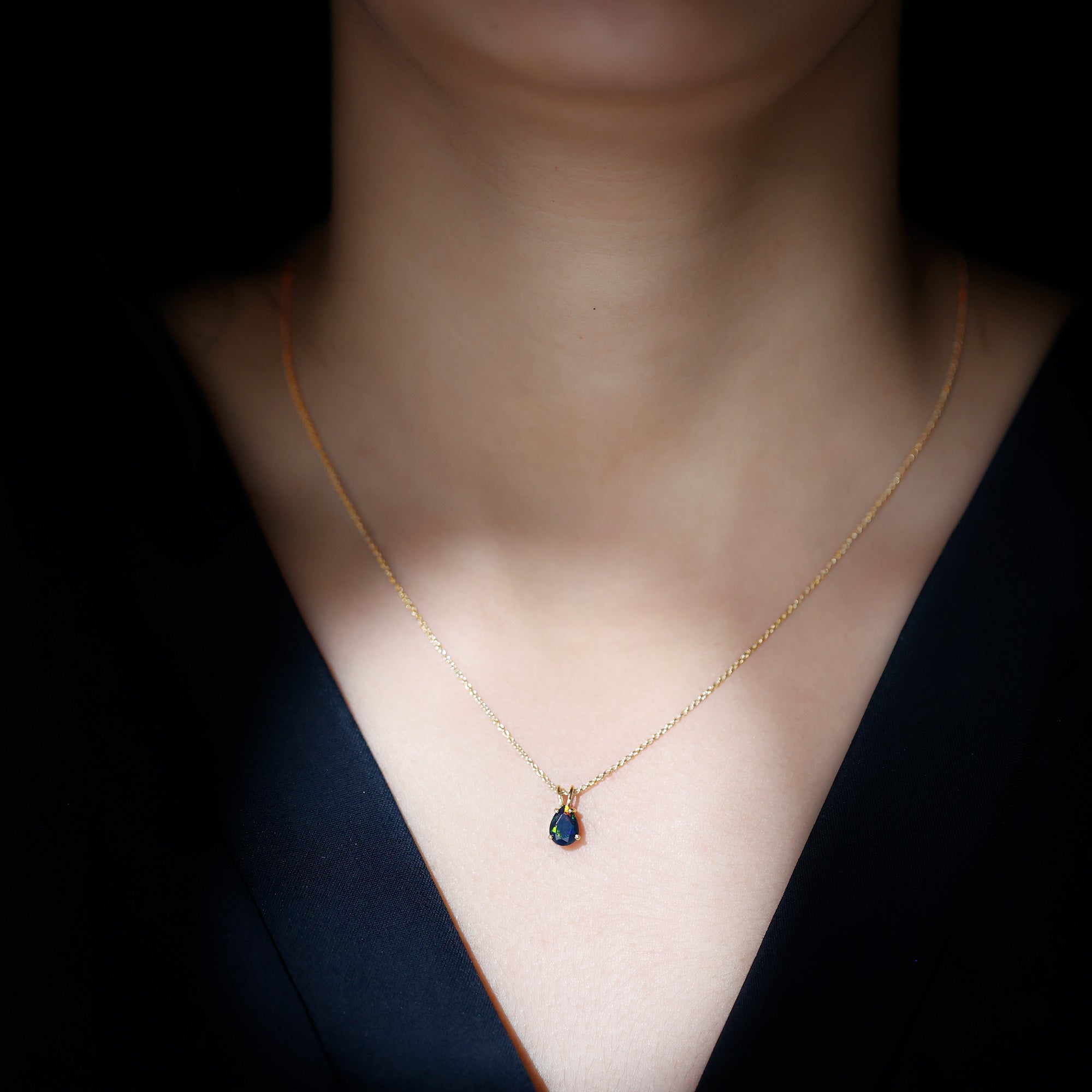Pear Cut Natural Black Opal Solitaire Pendant in Gold Black Opal - ( AAA ) - Quality - Rosec Jewels
