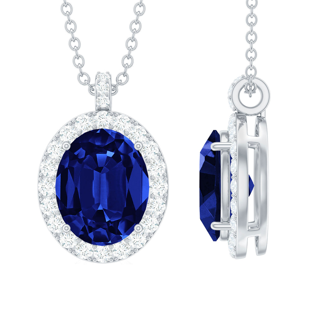 Oval Cut Created Blue Sapphire Silver Halo Pendant with Moissanite - Rosec Jewels