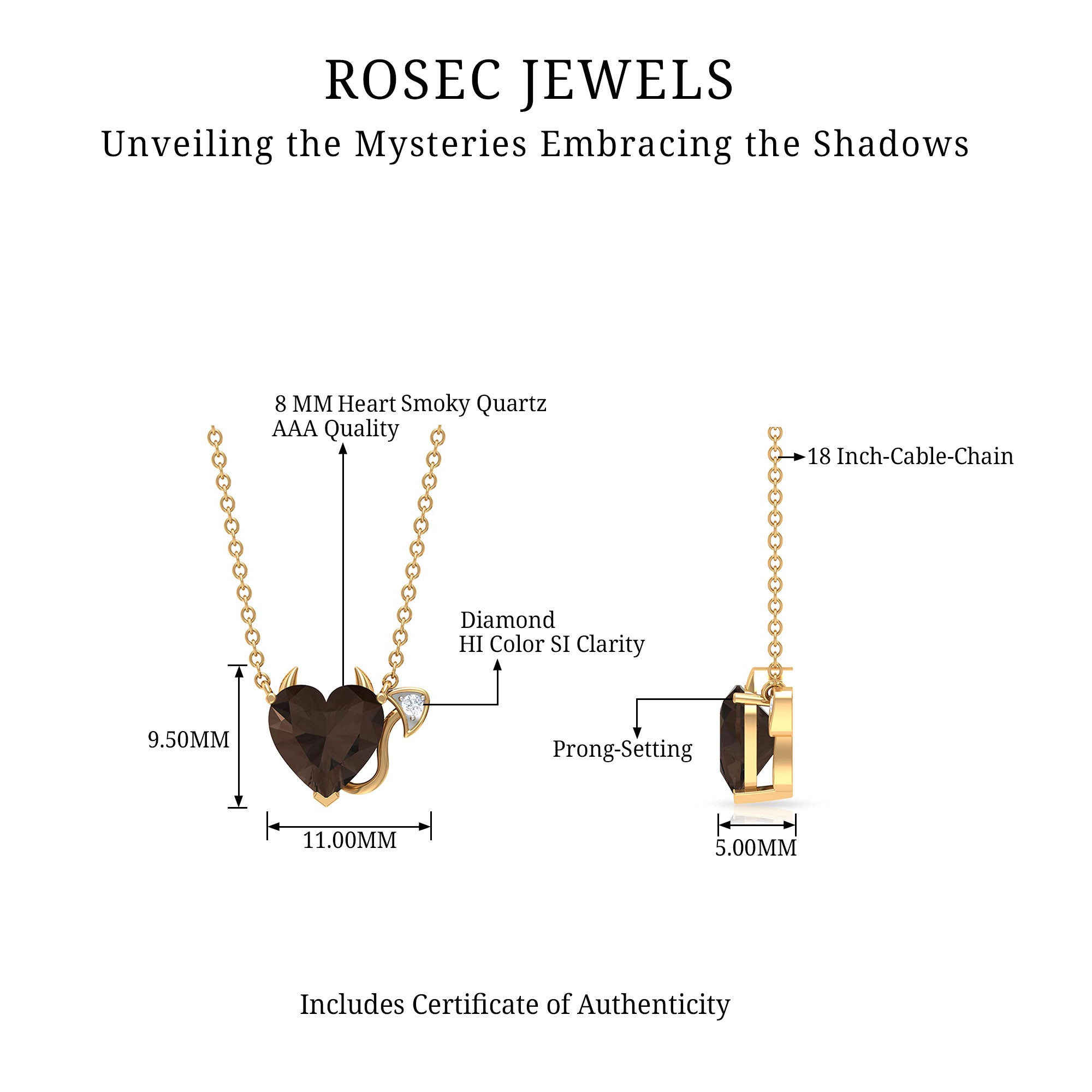 Smoky Quartz Devil Heart Pendant Necklace with Diamond Smoky Quartz - ( AAA ) - Quality - Rosec Jewels