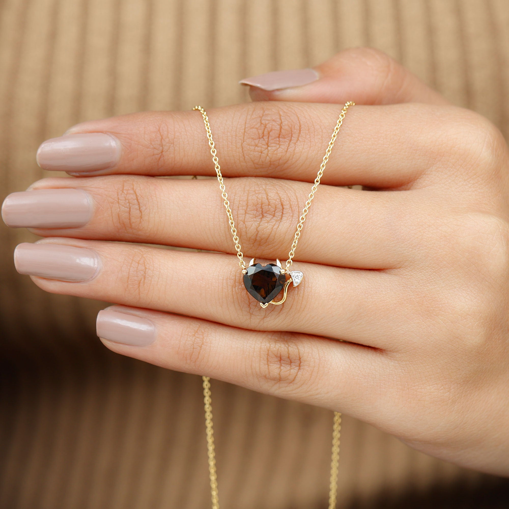 Smoky Quartz Devil Heart Pendant Necklace with Diamond Smoky Quartz - ( AAA ) - Quality - Rosec Jewels
