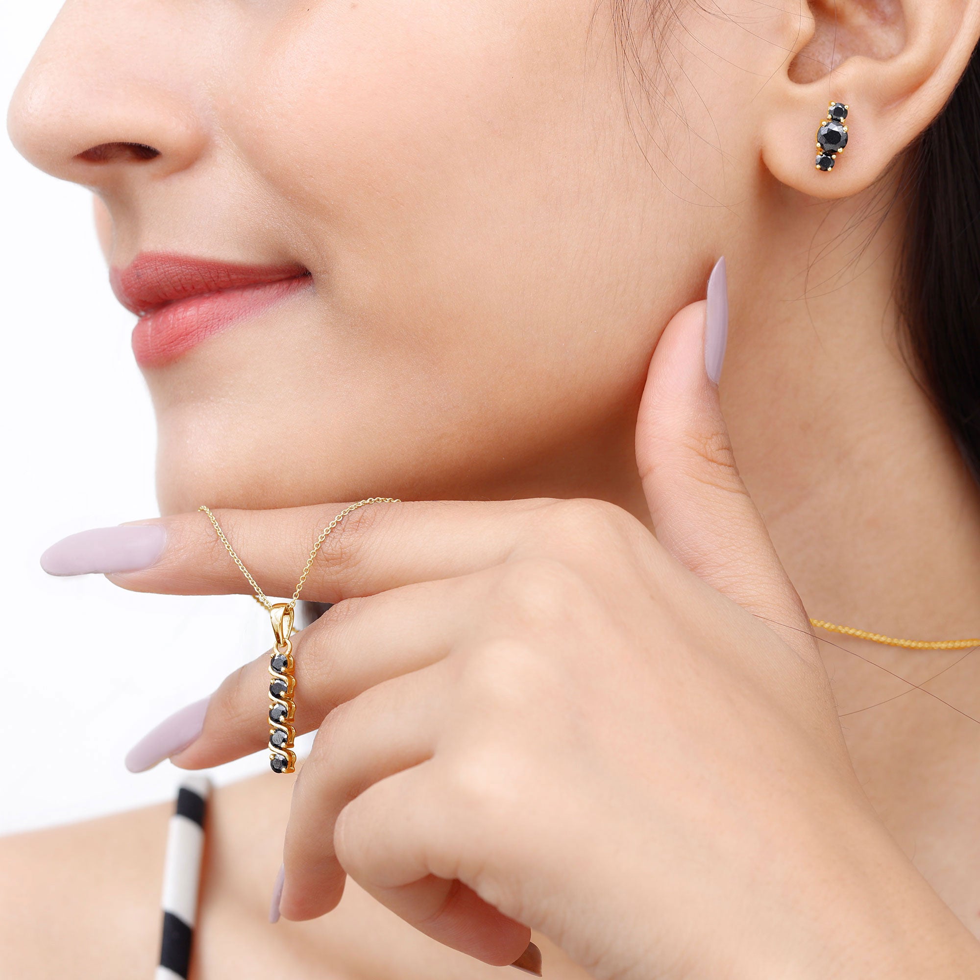 Lab Grown Black Diamond Bar Necklace and Earrings Set Lab Created Black Diamond - ( AAAA ) - Quality - Rosec Jewels
