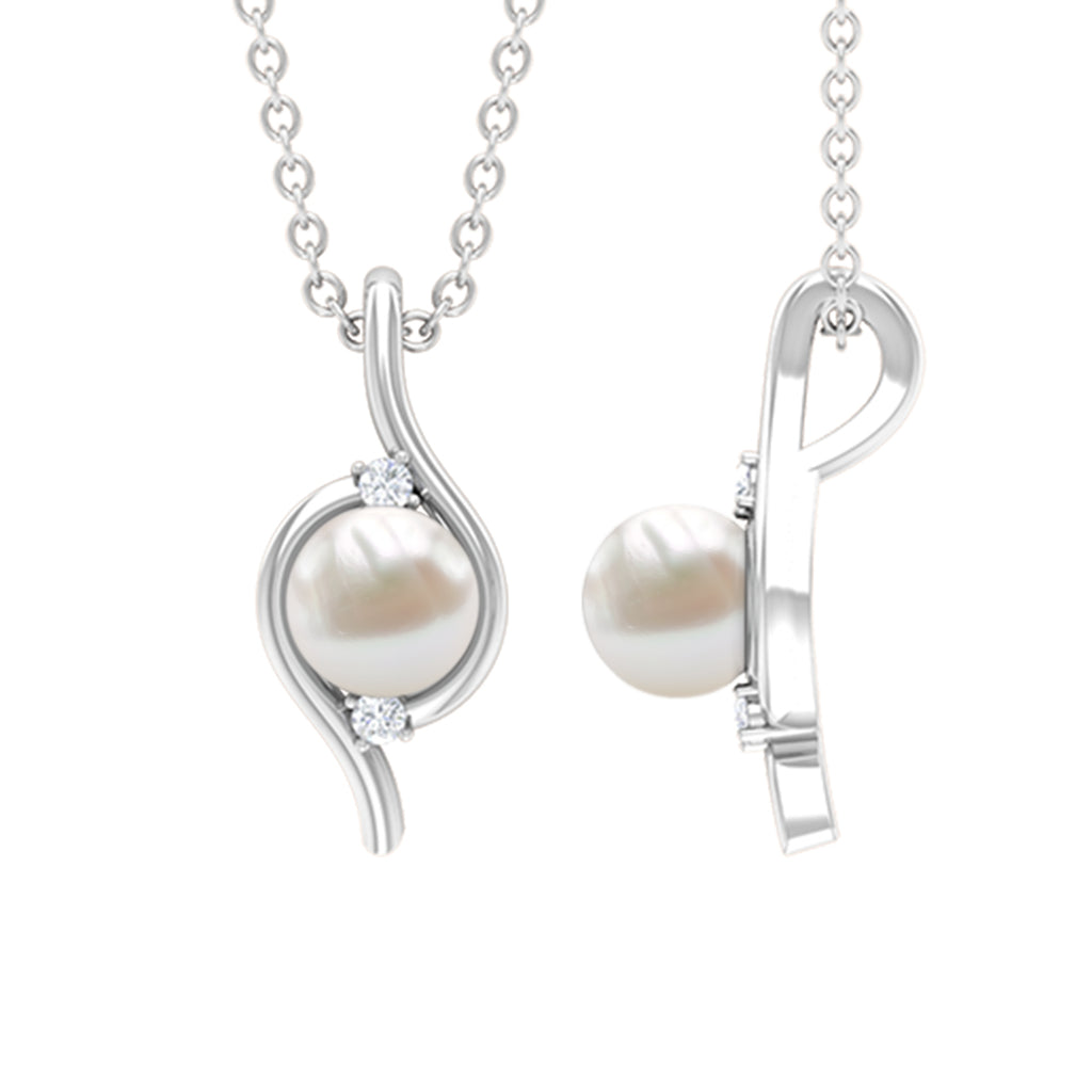 2 CT Freshwater Pearl and Diamond Bypass Pendant Necklace Freshwater Pearl - ( AAA ) - Quality - Rosec Jewels