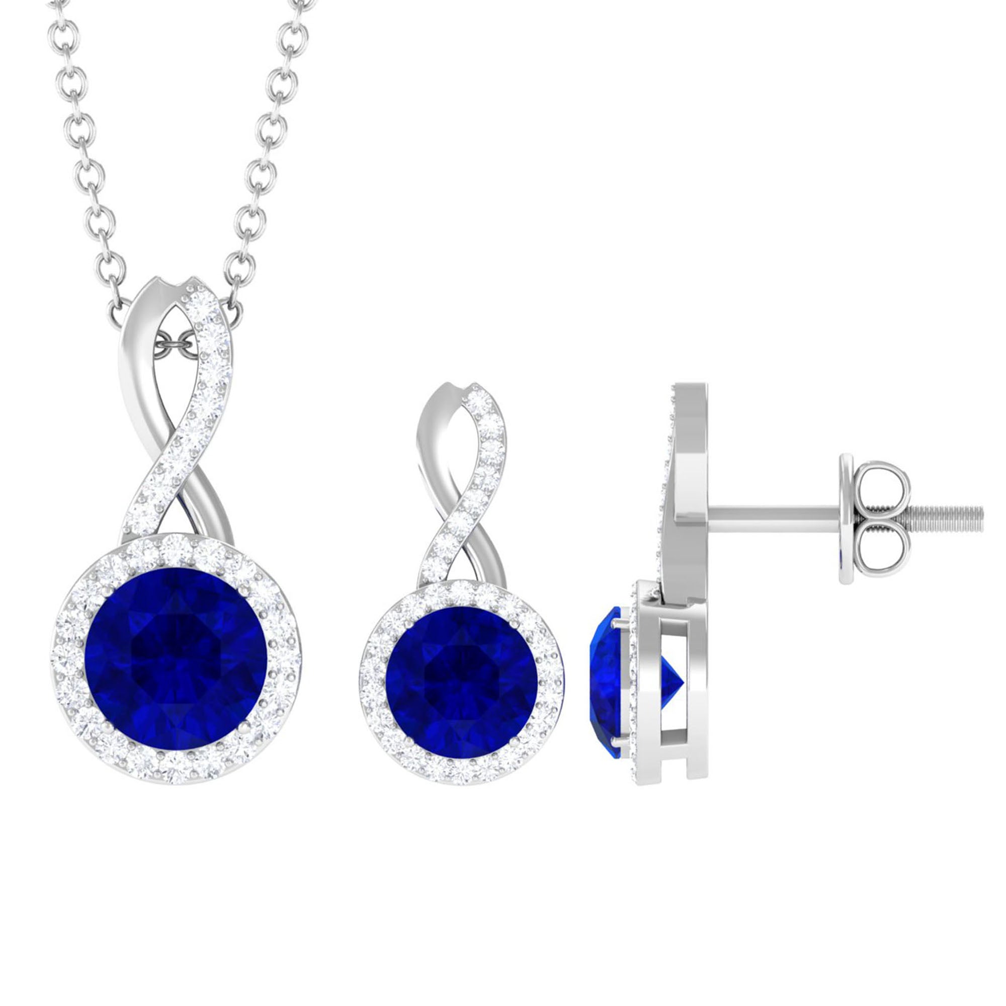 Lab Grown Blue Sapphire Infinity Jewelry Set with Zircon Lab Created Blue Sapphire - ( AAAA ) - Quality - Rosec Jewels