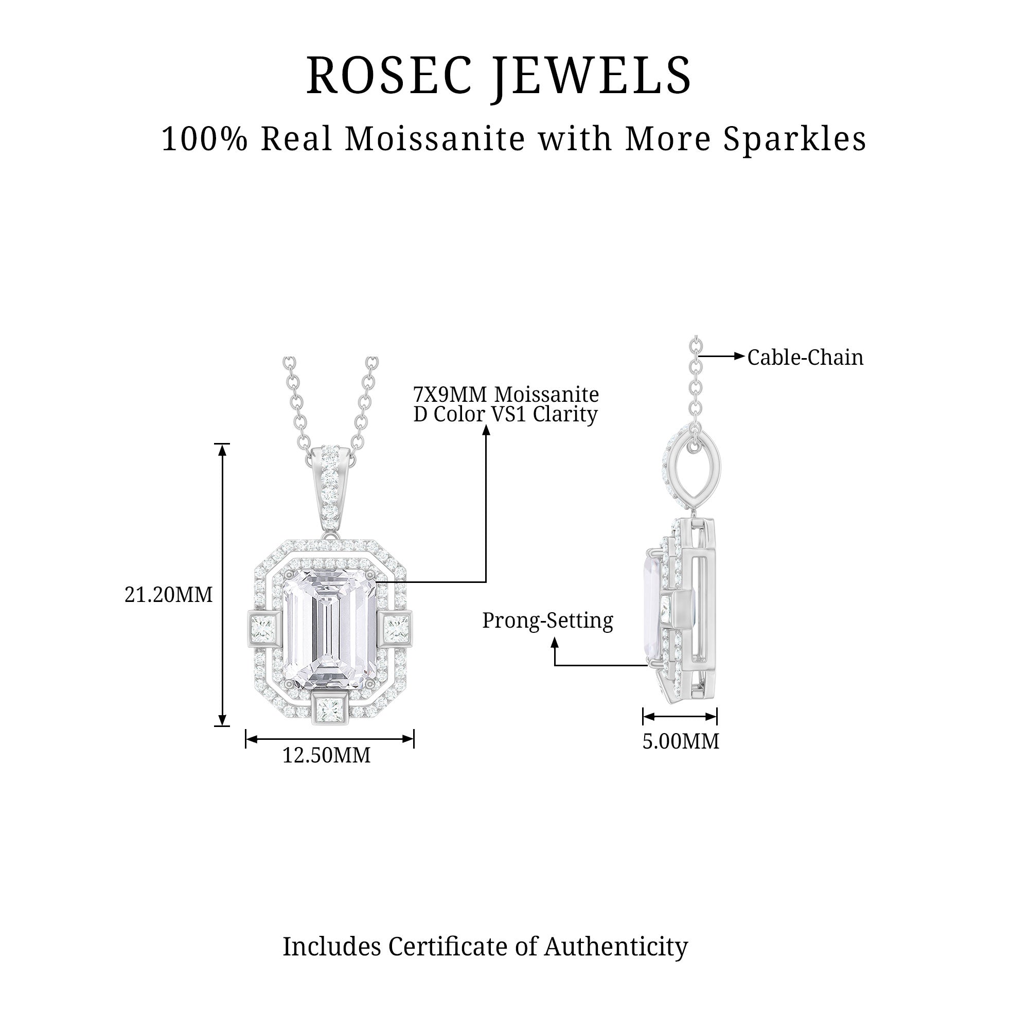 Vintage Style Emerald Cut Moissanite Halo Pendant Necklace in Silver - Rosec Jewels