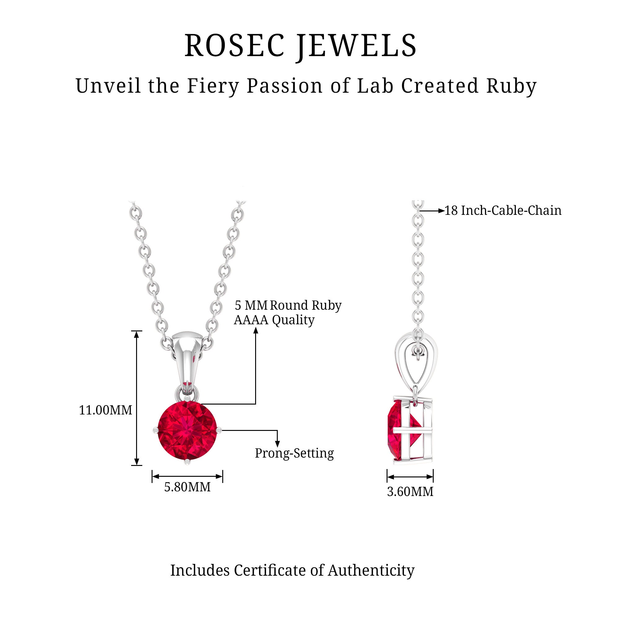 5 MM Round Shape Created Ruby Solitaire Pendant with Bail Lab Created Ruby - ( AAAA ) - Quality - Rosec Jewels