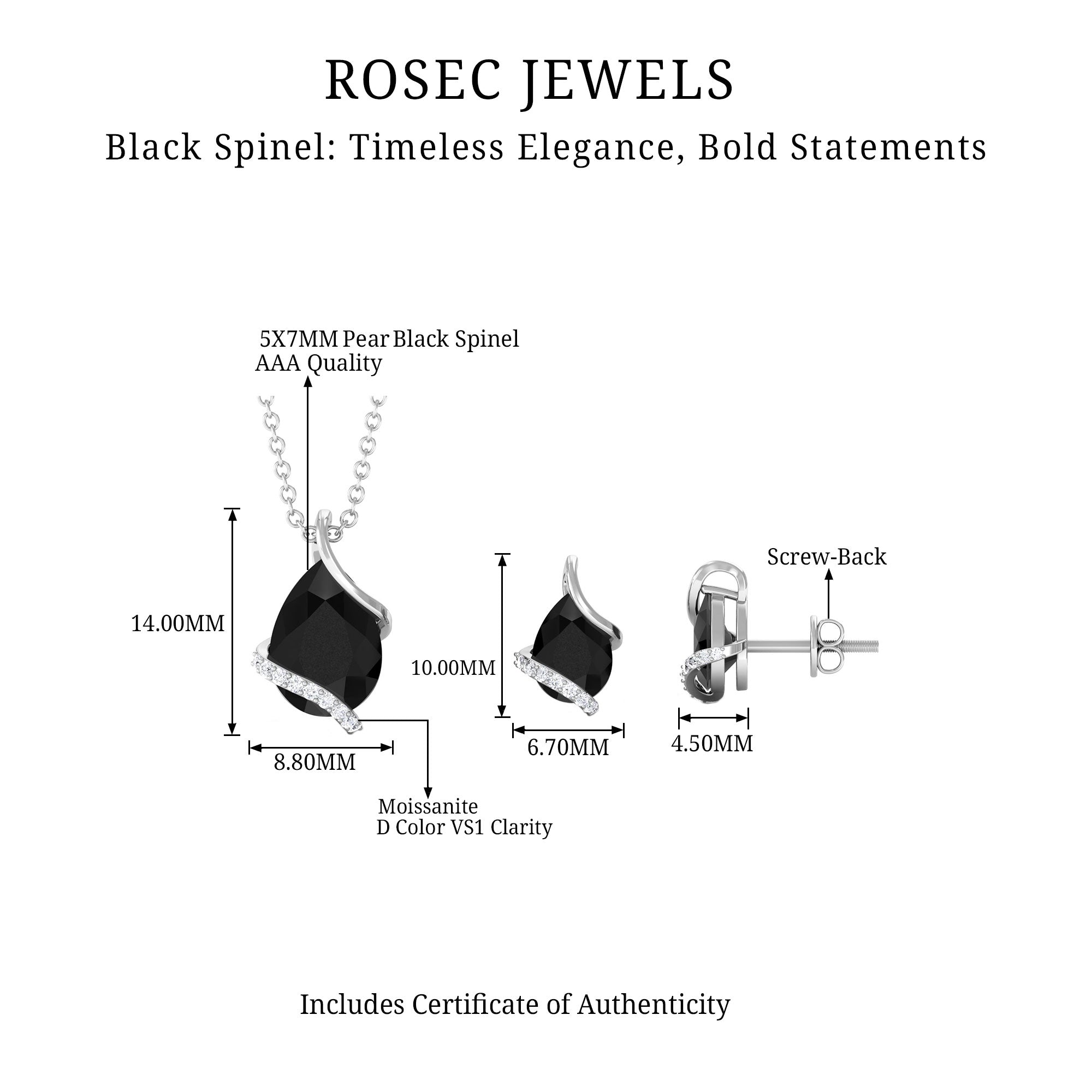 3 CT Black Spinel and Moissanite Teardrop Pendant Earrings Set Black Spinel - ( AAA ) - Quality - Rosec Jewels