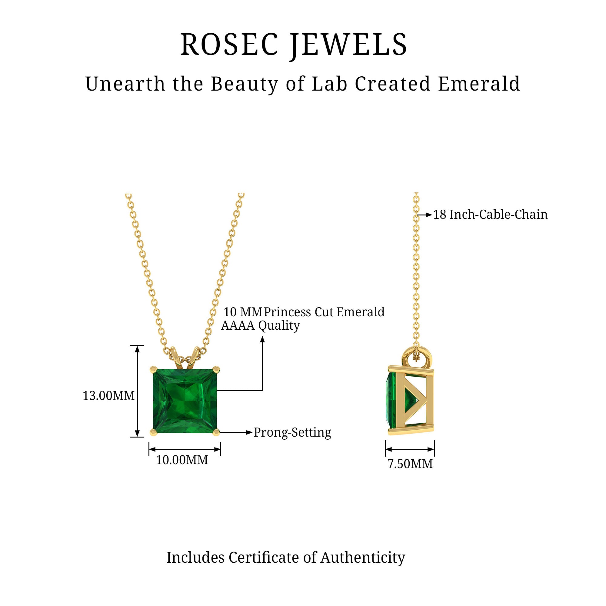 5 CT Princess Cut Created Emerald Solitaire Pendant Lab Created Emerald - ( AAAA ) - Quality - Rosec Jewels