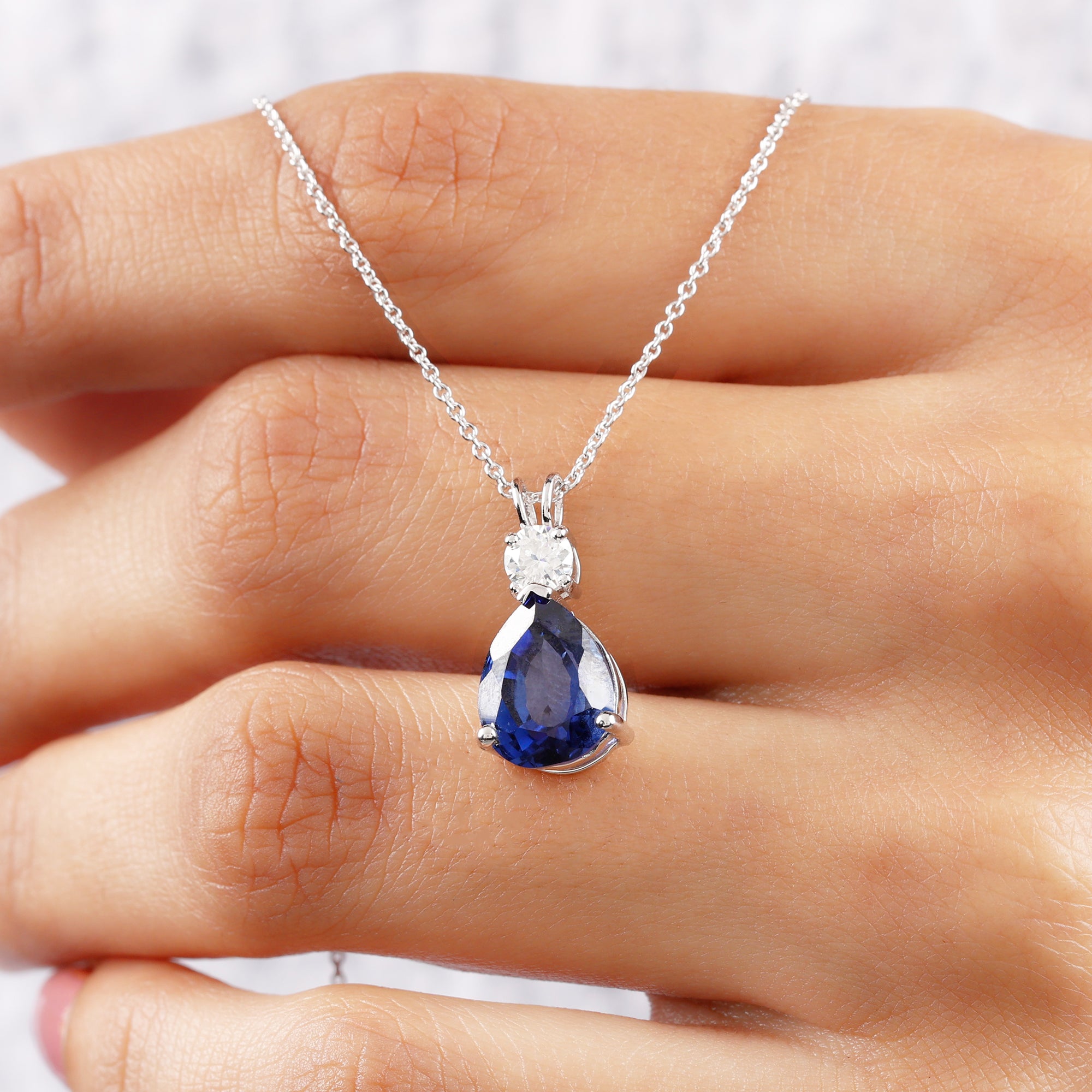 Created Blue Sapphire Teardrop Pendant Necklace Lab Created Blue Sapphire - ( AAAA ) - Quality - Rosec Jewels
