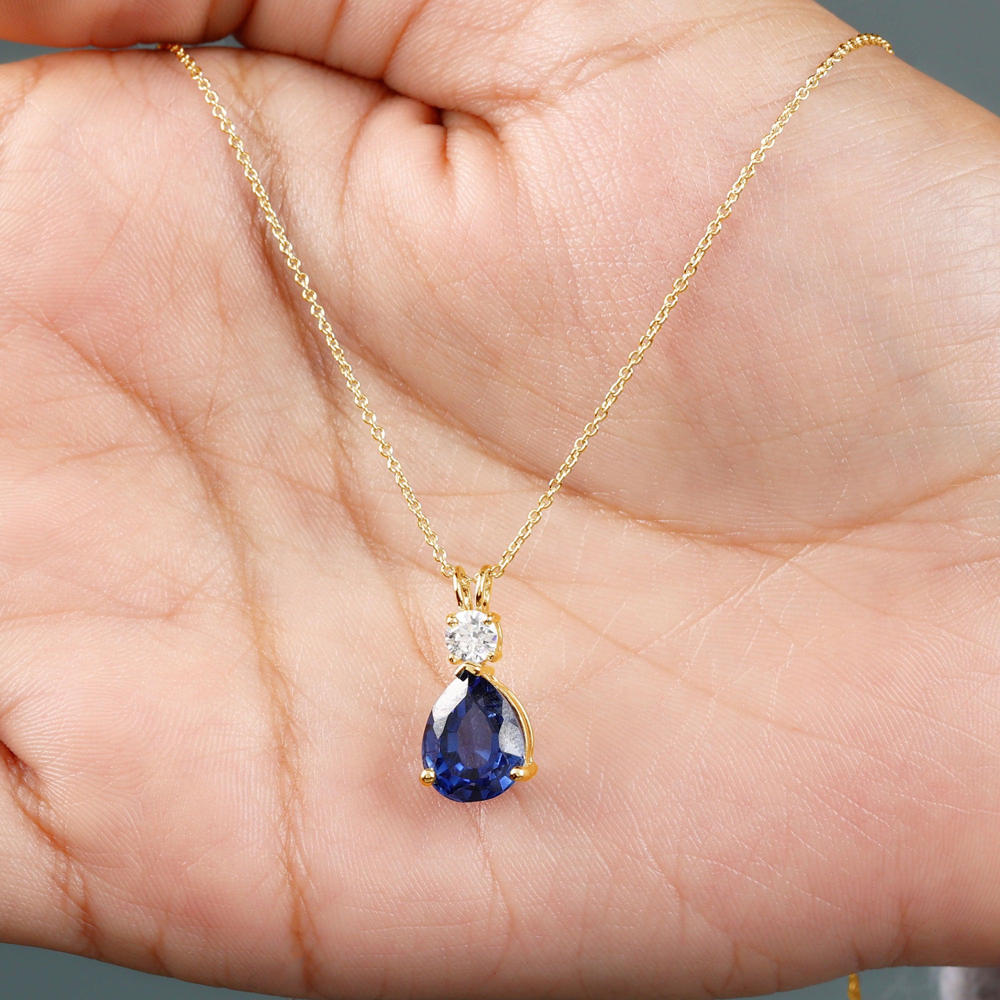 Created Blue Sapphire Teardrop Pendant Necklace Lab Created Blue Sapphire - ( AAAA ) - Quality - Rosec Jewels