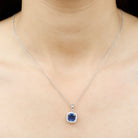 Cushion Cut Lab Created Blue Sapphire Halo Pendant Necklace With Moissanite Lab Created Blue Sapphire - ( AAAA ) - Quality - Rosec Jewels