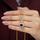 Cushion Cut Lab Created Blue Sapphire Halo Pendant Necklace With Moissanite Lab Created Blue Sapphire - ( AAAA ) - Quality - Rosec Jewels