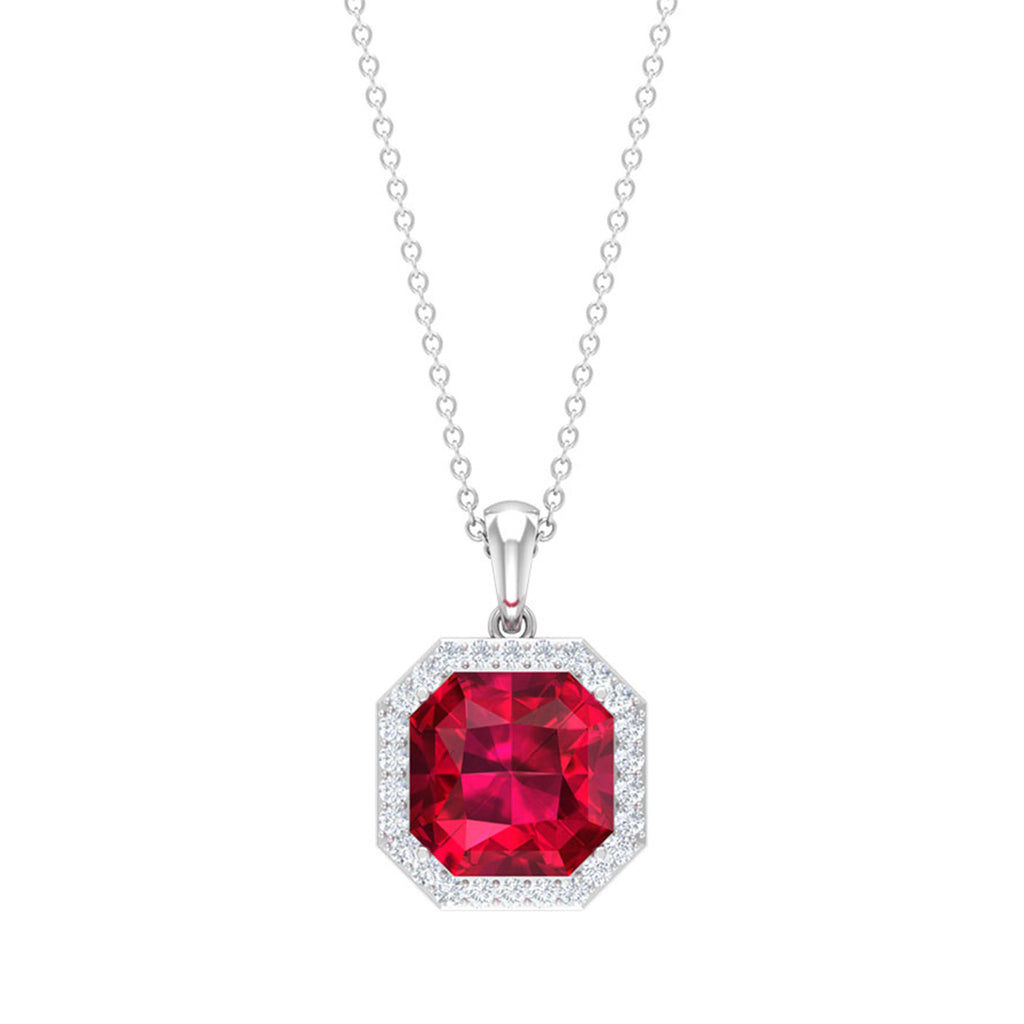 Asscher Cut Created Ruby Bridal Halo Pendant Necklace With Moissanite Lab Created Ruby - ( AAAA ) - Quality - Rosec Jewels