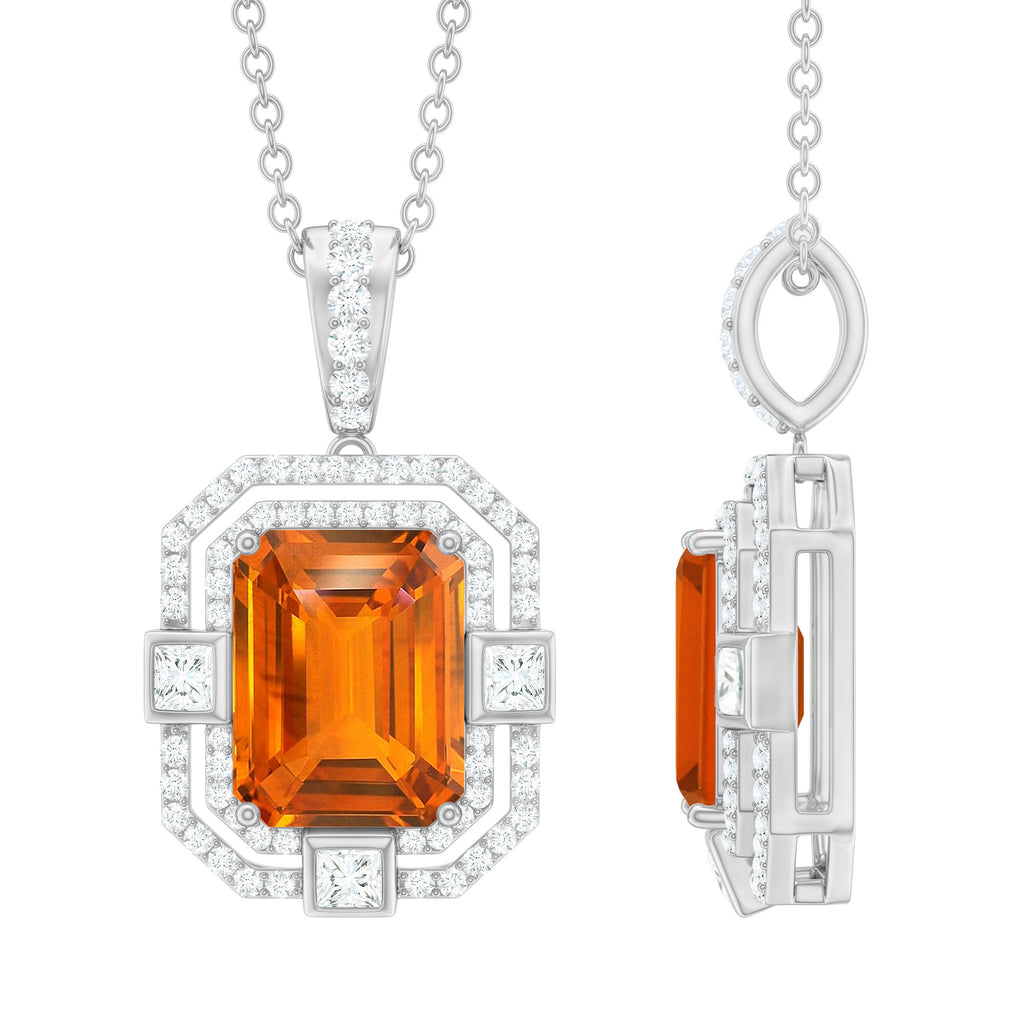 Vintage Emerald Cut Created Orange Sapphire Pendant with Moissanite Lab Created Orange Sapphire - ( AAAA ) - Quality - Rosec Jewels
