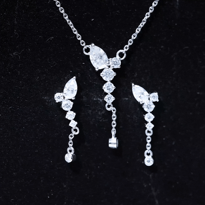 Minimal Moissanite Dangle Necklace and Earrings Set in Gold Moissanite - ( D-VS1 ) - Color and Clarity - Rosec Jewels