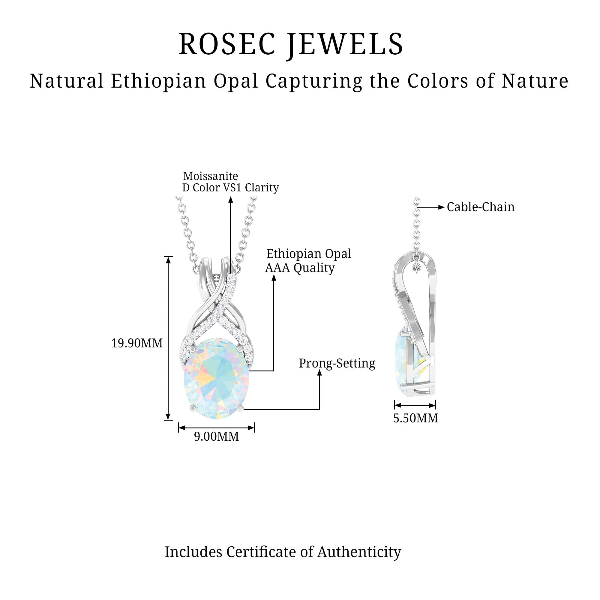 Oval Ethiopian Opal Solitaire Pendant with Moissanite Twisted Bail Ethiopian Opal - ( AAA ) - Quality - Rosec Jewels