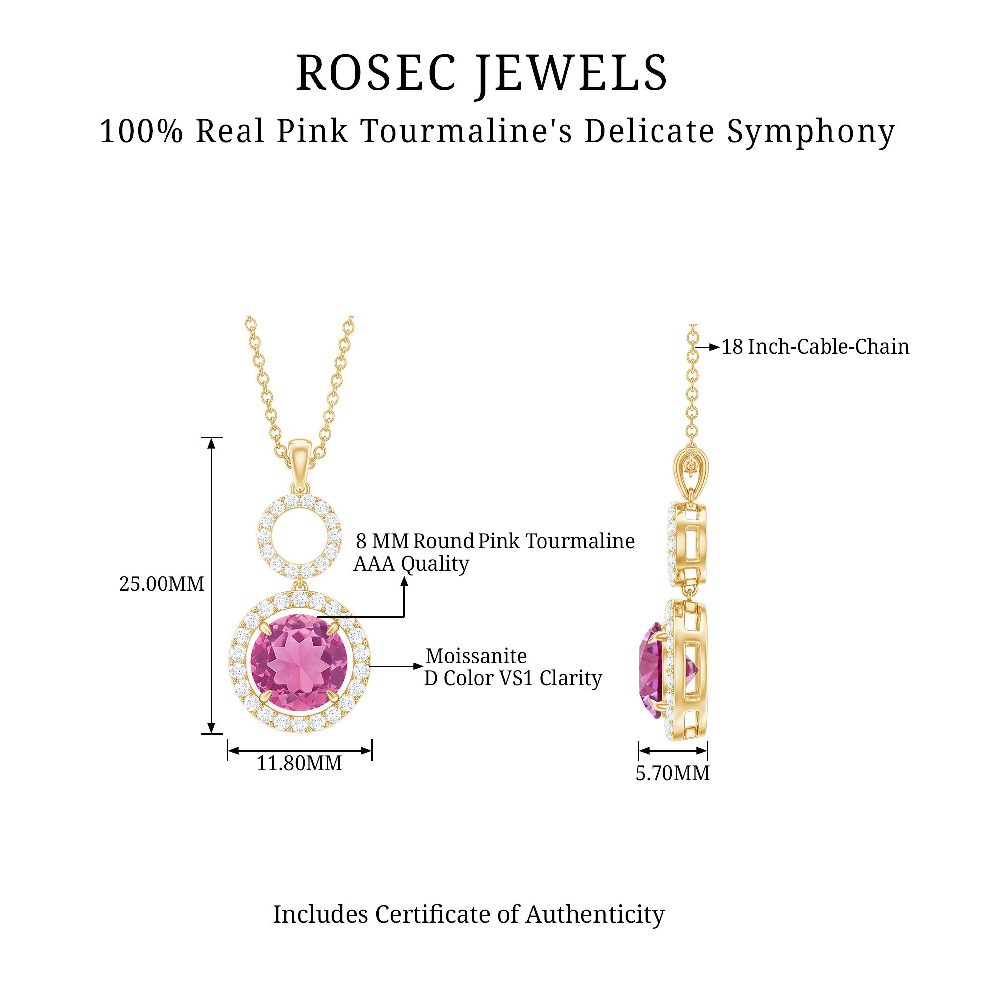 Pink Tourmaline and Moissanite Dangle Pendant Necklace Pink Tourmaline - ( AAA ) - Quality - Rosec Jewels