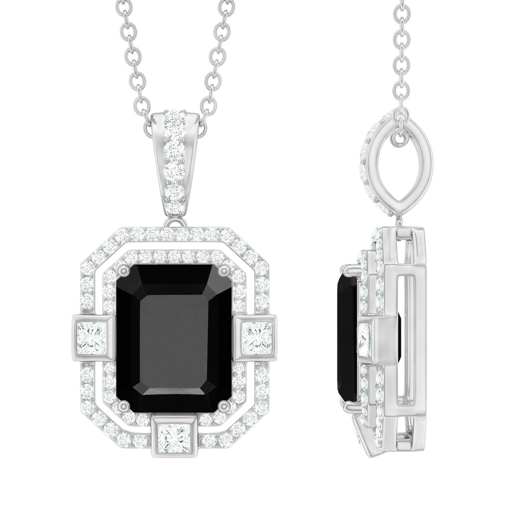Vintage Inspired Octagon Created Black Diamond Pendant with Moissanite Lab Created Black Diamond - ( AAAA ) - Quality - Rosec Jewels