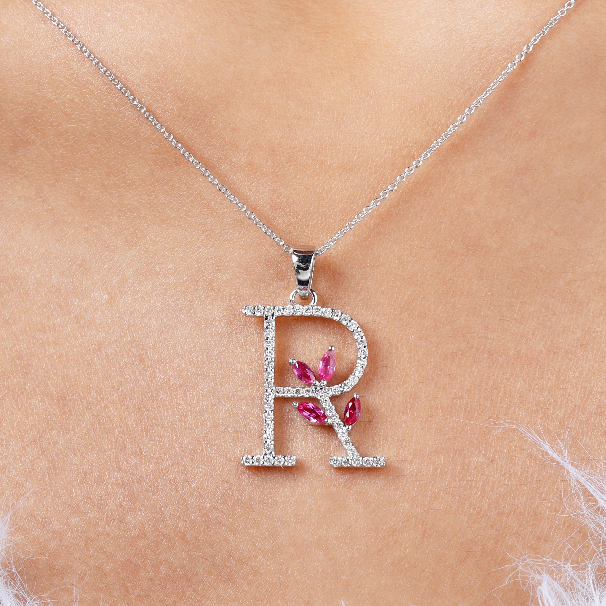 Moissanite R Initial Pendant Necklace With Lab Grown Ruby Lab Created Ruby - ( AAAA ) - Quality - Rosec Jewels