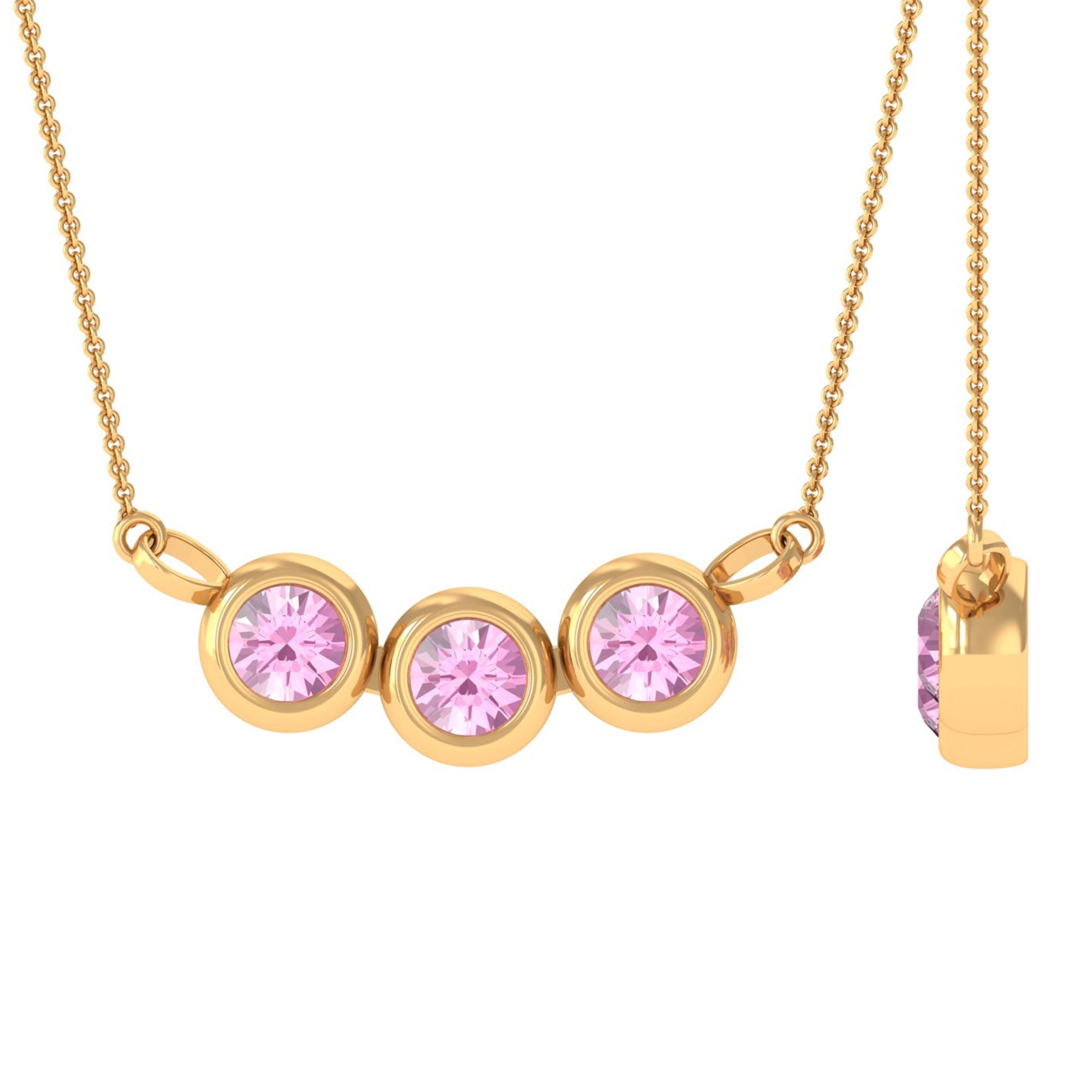 Bezel Set Pink Tourmaline Three Stone Necklace in Gold Pink Tourmaline - ( AAA ) - Quality - Rosec Jewels