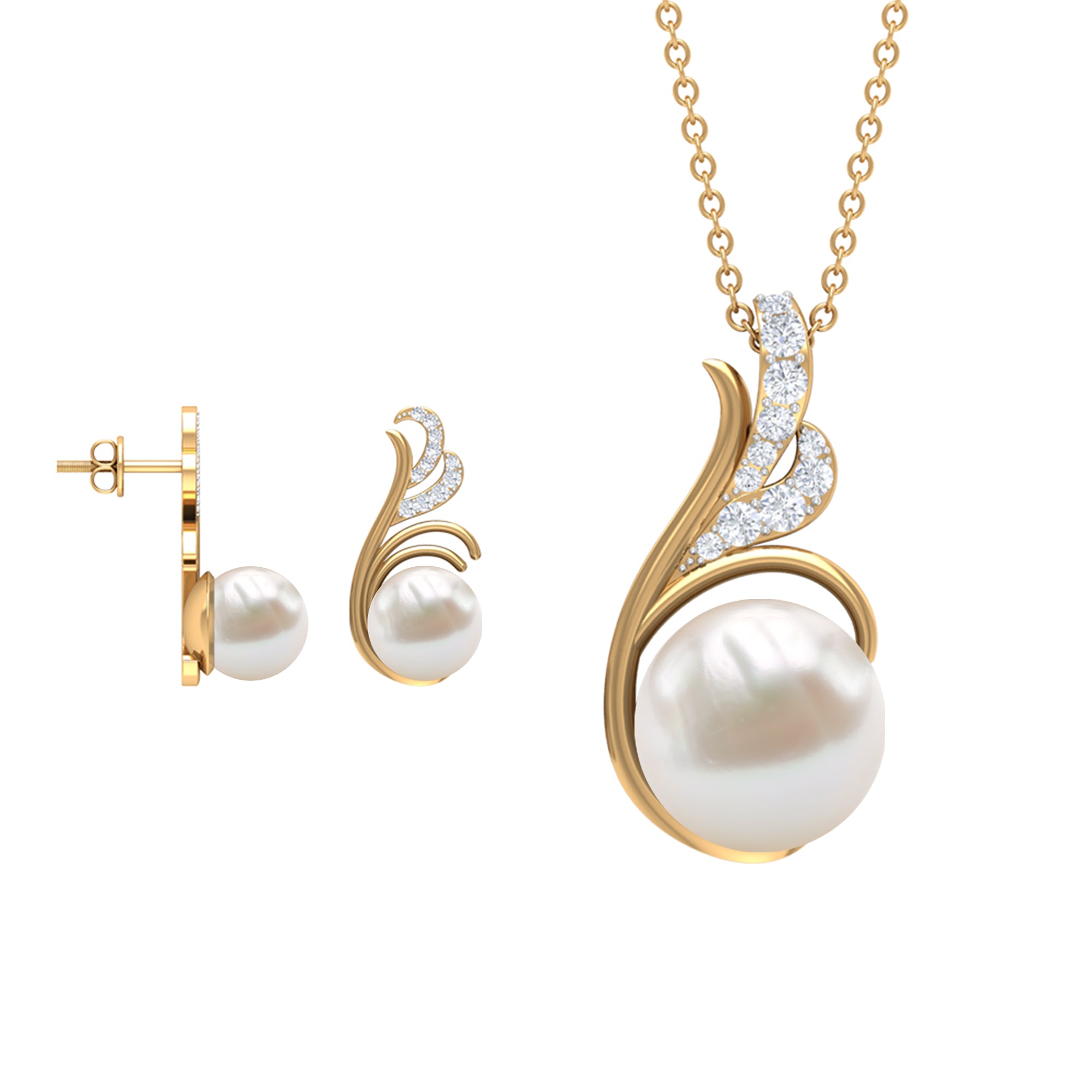 Freshwater Pearl and Diamond Designer Jewelry Set Freshwater Pearl - ( AAA ) - Quality - Rosec Jewels
