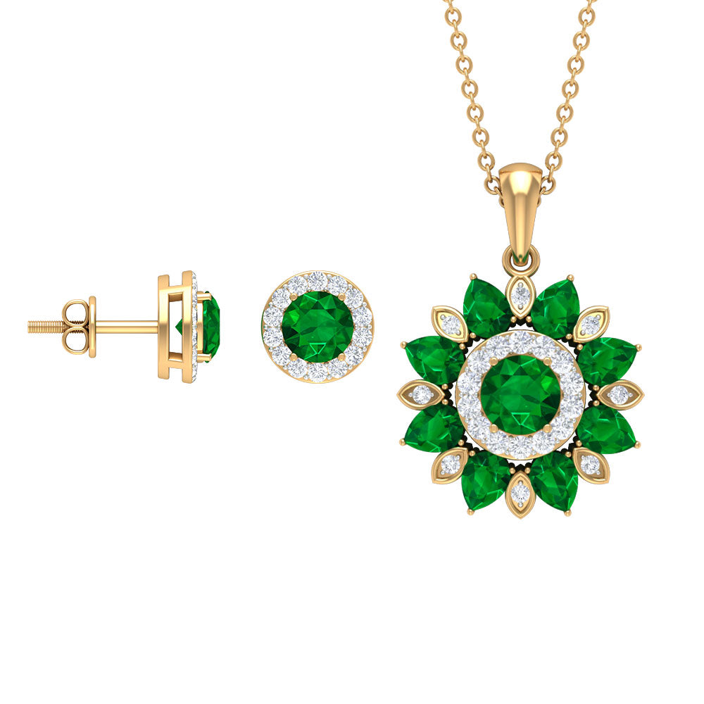 3 CT Emerald and Moissanite Floral jewelry Set Emerald - ( AAA ) - Quality - Rosec Jewels