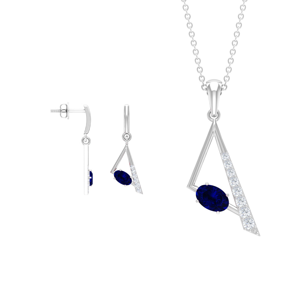 Oval Shape Created Blue Sapphire and Diamond Triangle Jewelry Set Lab Created Blue Sapphire - ( AAAA ) - Quality - Rosec Jewels