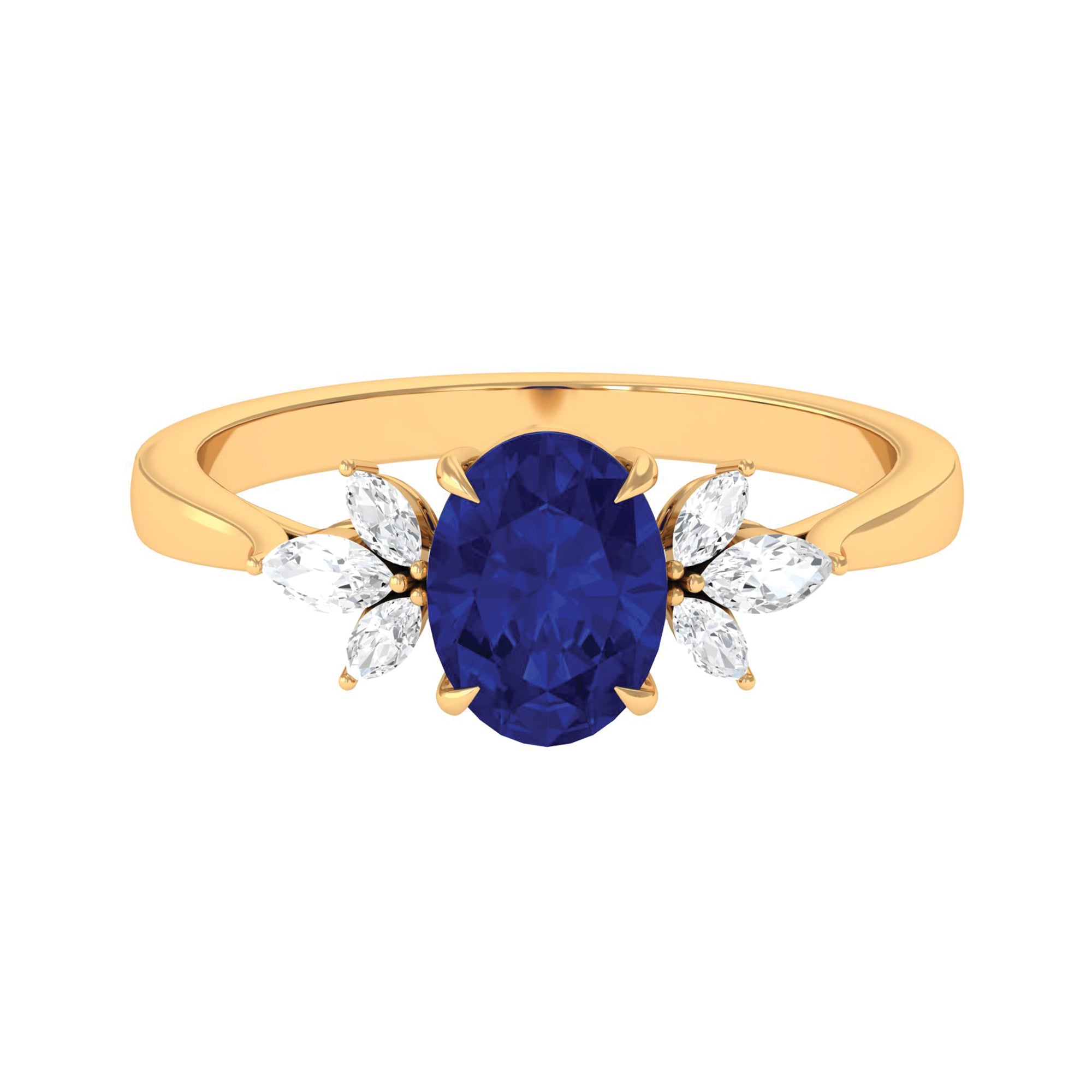 Oval Created Blue Sapphire Solitaire Ring with Diamond Trio Lab Created Blue Sapphire - ( AAAA ) - Quality - Rosec Jewels