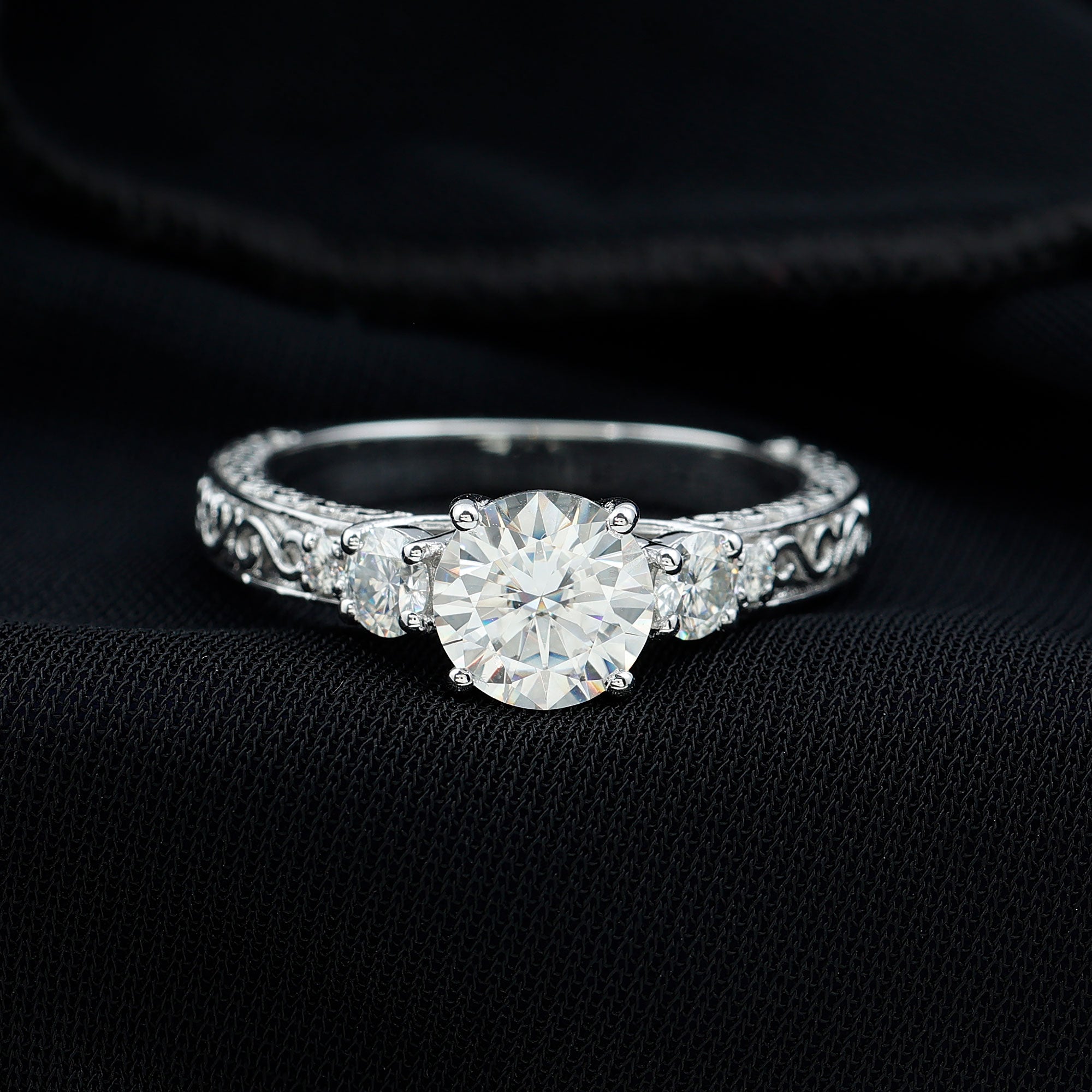 Vintage Style Moissanite Engagement Ring with Engraved Detailing Moissanite - ( D-VS1 ) - Color and Clarity - Rosec Jewels