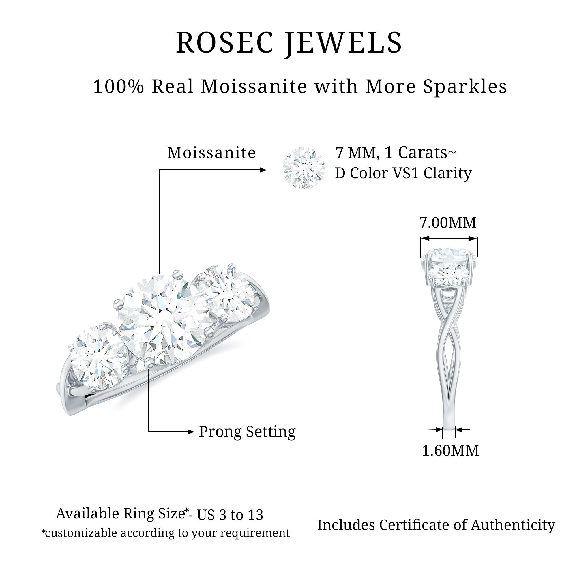 Certified Moissanite Three Stone Engagement Ring - Rosec Jewels