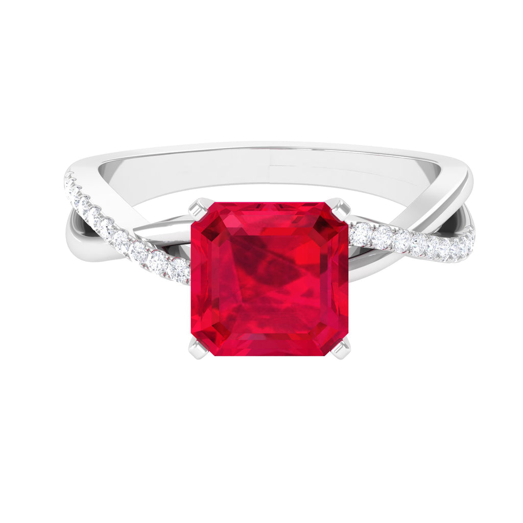 Asscher Cut Lab Grown Ruby Solitaire Ring with Diamond Infinity Shank Lab Created Ruby - ( AAAA ) - Quality - Rosec Jewels