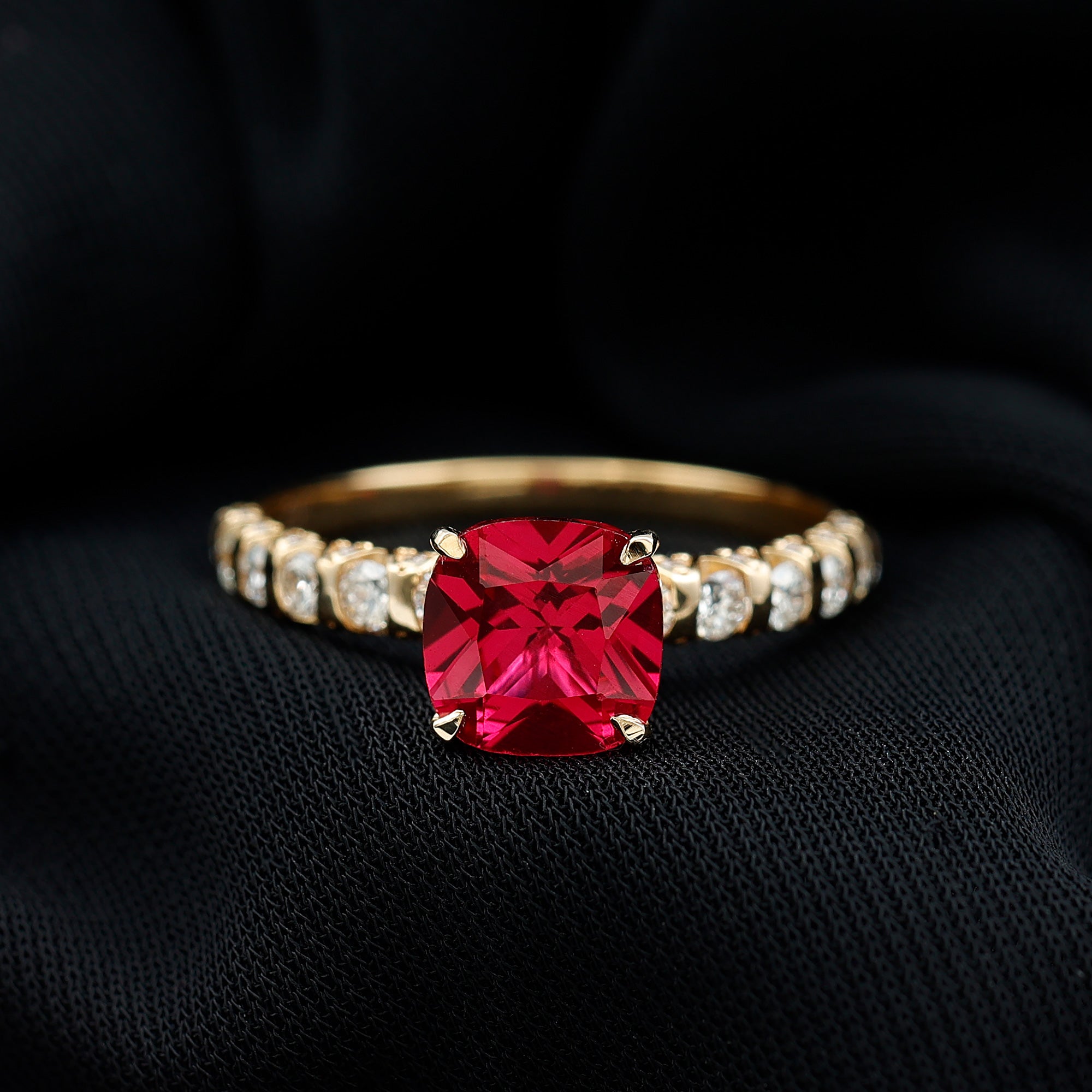 Cushion Cut Lab Grown Ruby Solitaire Ring with Diamond Lab Created Ruby - ( AAAA ) - Quality - Rosec Jewels