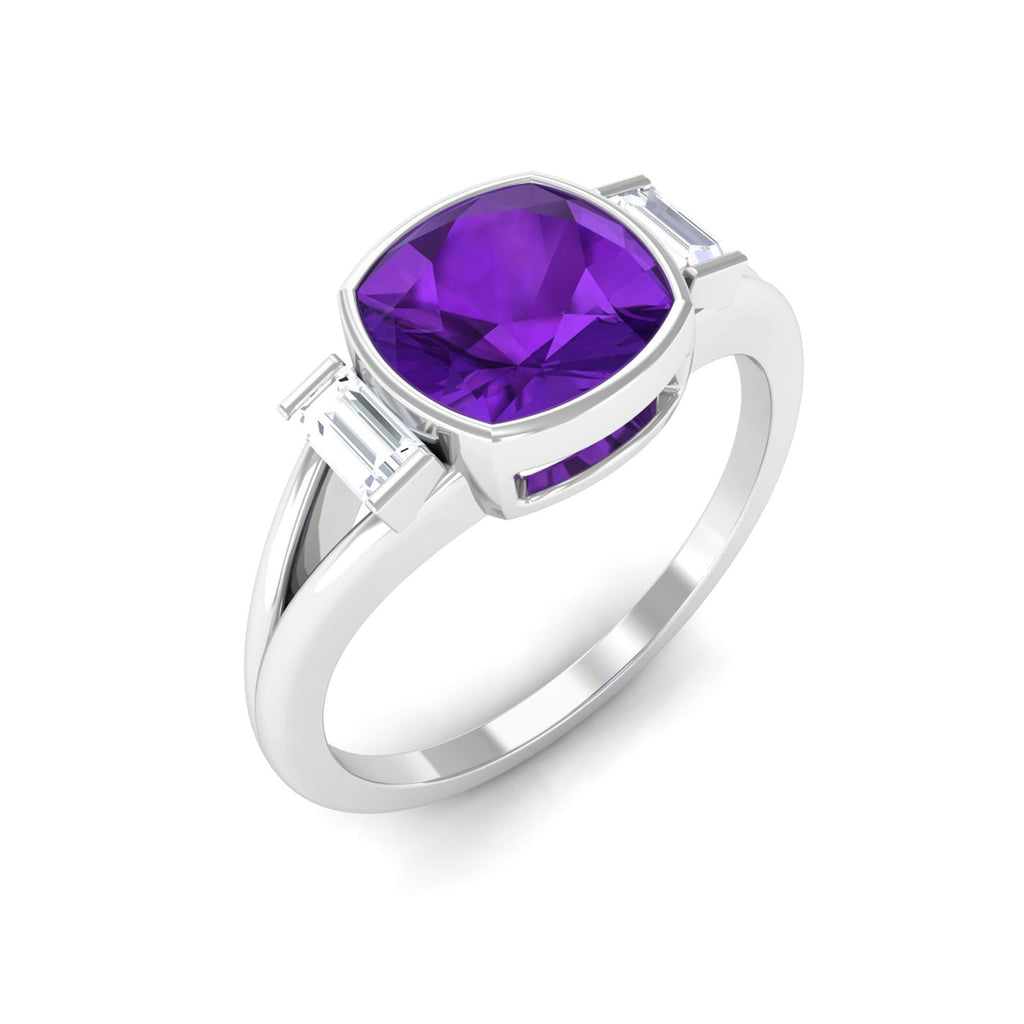 1.50 CT Cushion Cut Amethyst Engagement Ring with Baguette Diamond Amethyst - ( AAA ) - Quality - Rosec Jewels