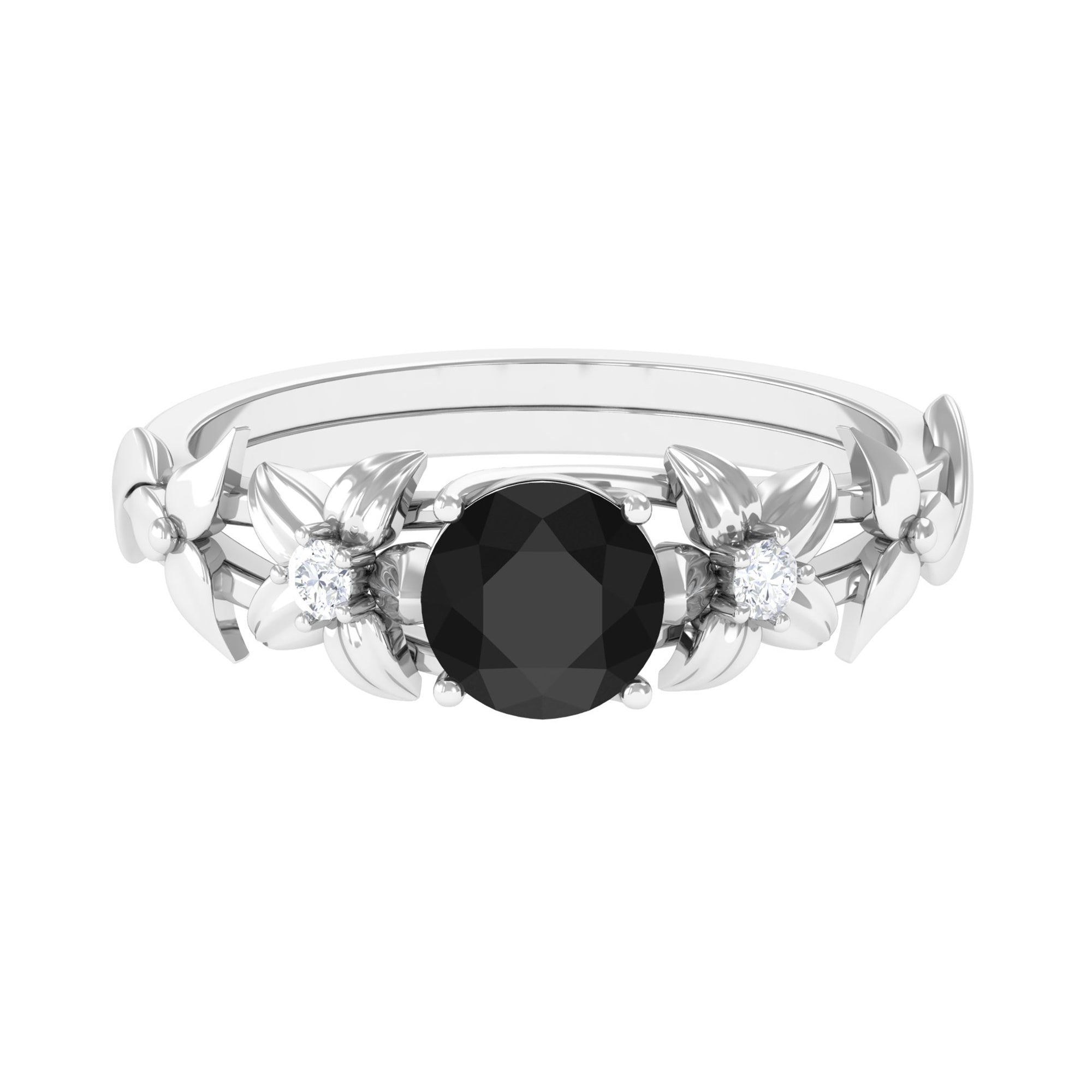 0.75 CT Black Onyx Solitaire Floral Ring with Diamond Black Onyx - ( AAA ) - Quality - Rosec Jewels