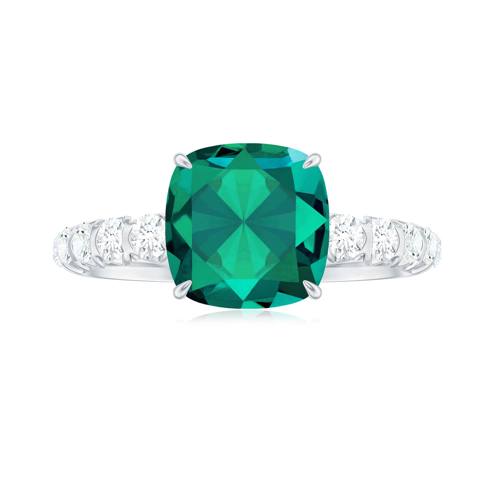Cushion Cut Created Emerald Engagement Ring with Diamond Side Stones Lab Created Emerald - ( AAAA ) - Quality - Rosec Jewels