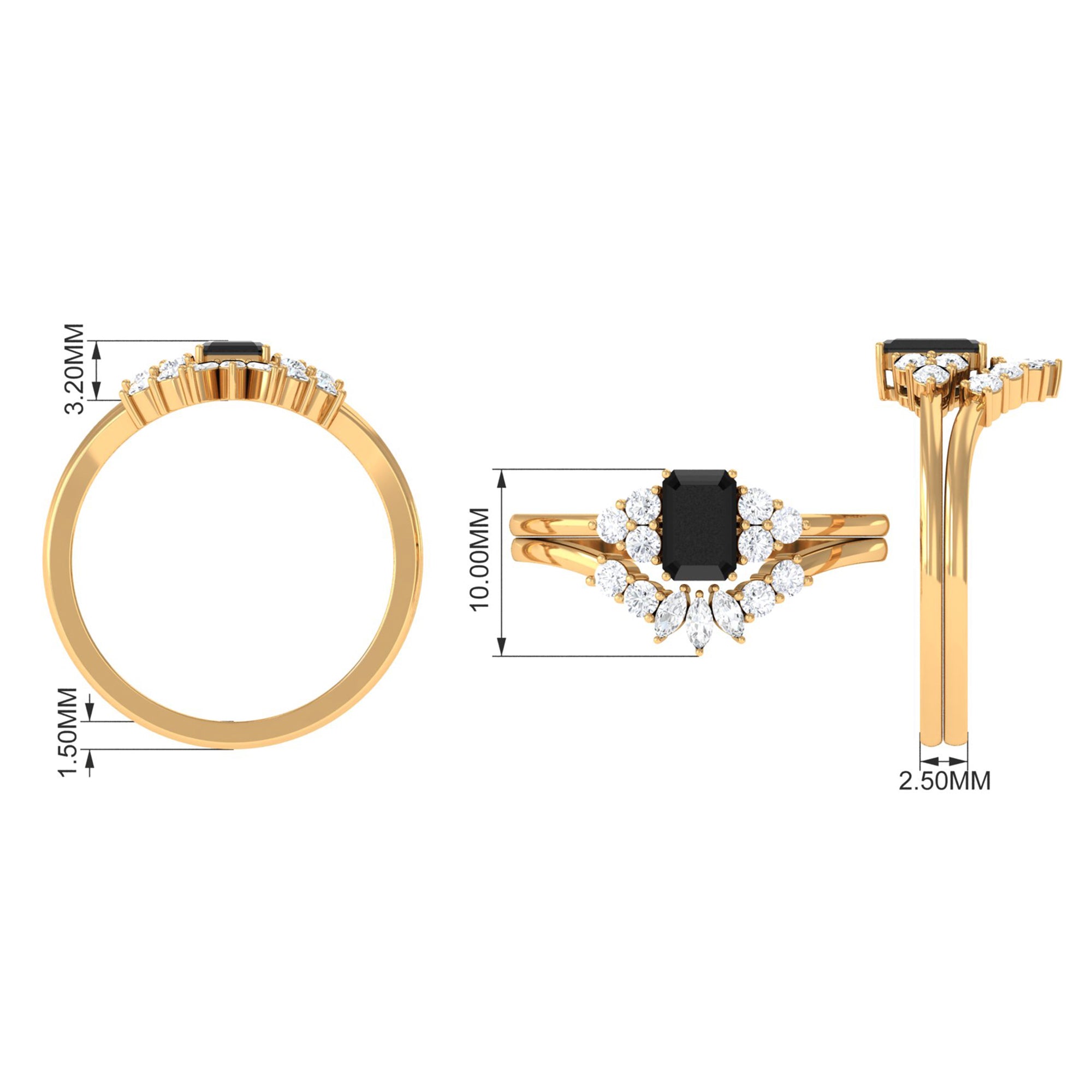 Octagon Black Onyx Solitaire Stackable Ring Set with Diamond Black Onyx - ( AAA ) - Quality - Rosec Jewels