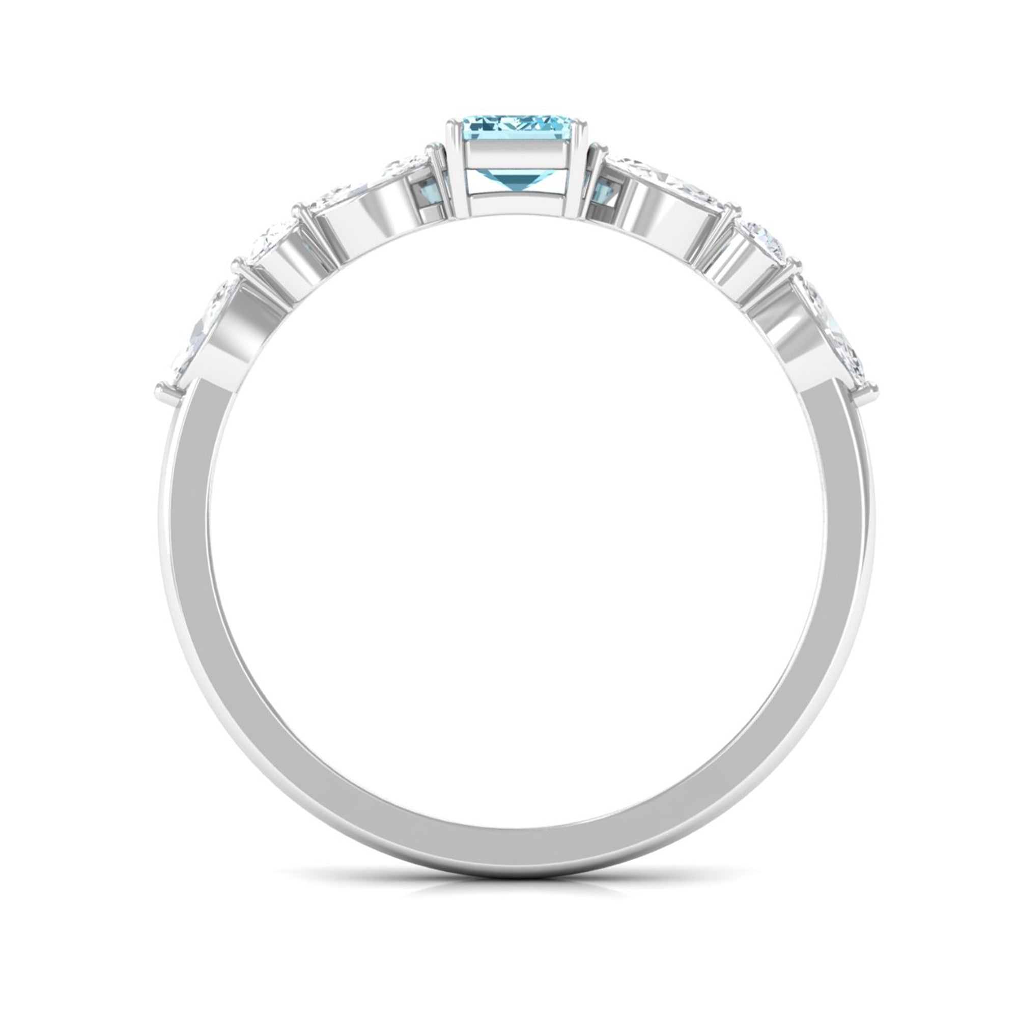 Octagon Aquamarine Solitaire Ring with Diamond Side Stones Aquamarine - ( AAA ) - Quality - Rosec Jewels