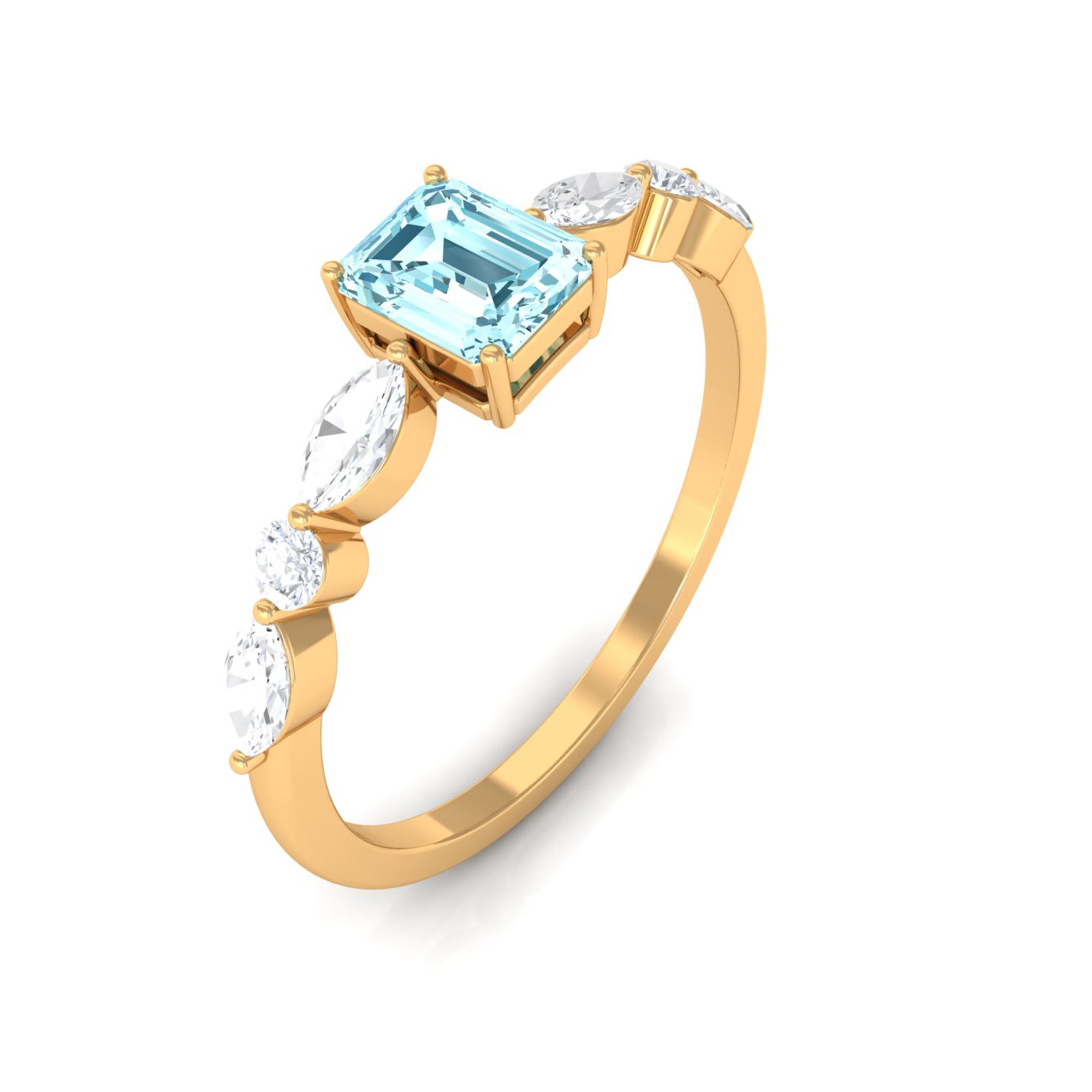 Octagon Aquamarine Solitaire Ring with Diamond Side Stones Aquamarine - ( AAA ) - Quality - Rosec Jewels