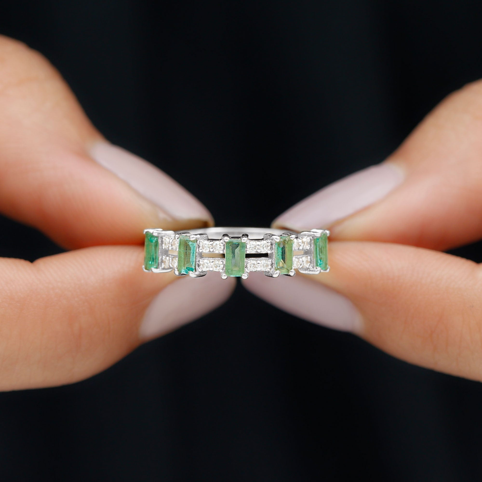 Wide Half Eternity Band Ring with Emerald and Diamond Emerald - ( AAA ) - Quality - Rosec Jewels