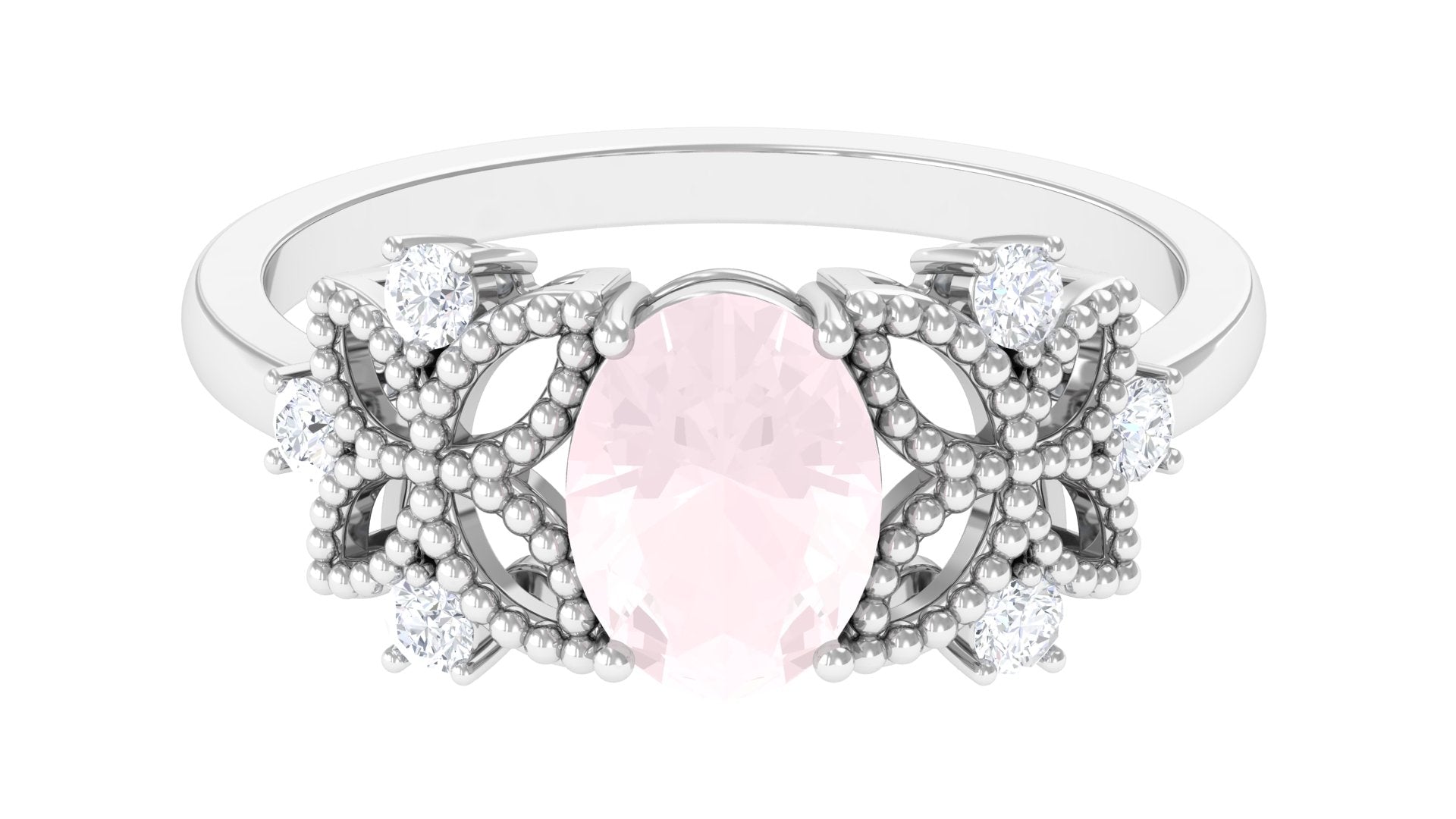 Oval Cut Rose Quartz Beaded Flower Engagement Ring with Diamond Rose Quartz - ( AAA ) - Quality - Rosec Jewels