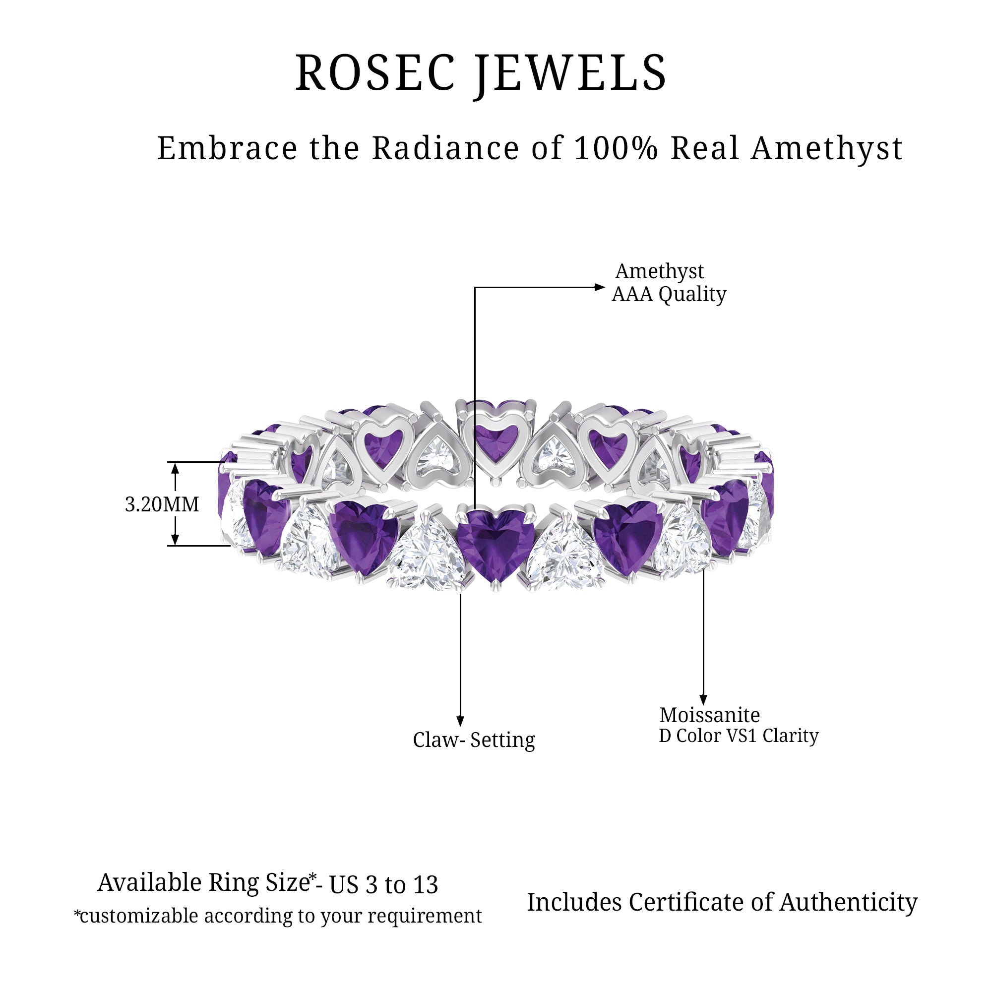 Heart Shape Purple Amethyst and Moissanite Eternity Ring in Claw Setting Amethyst - ( AAA ) - Quality 92.5 Sterling Silver 4.0 - Rosec Jewels