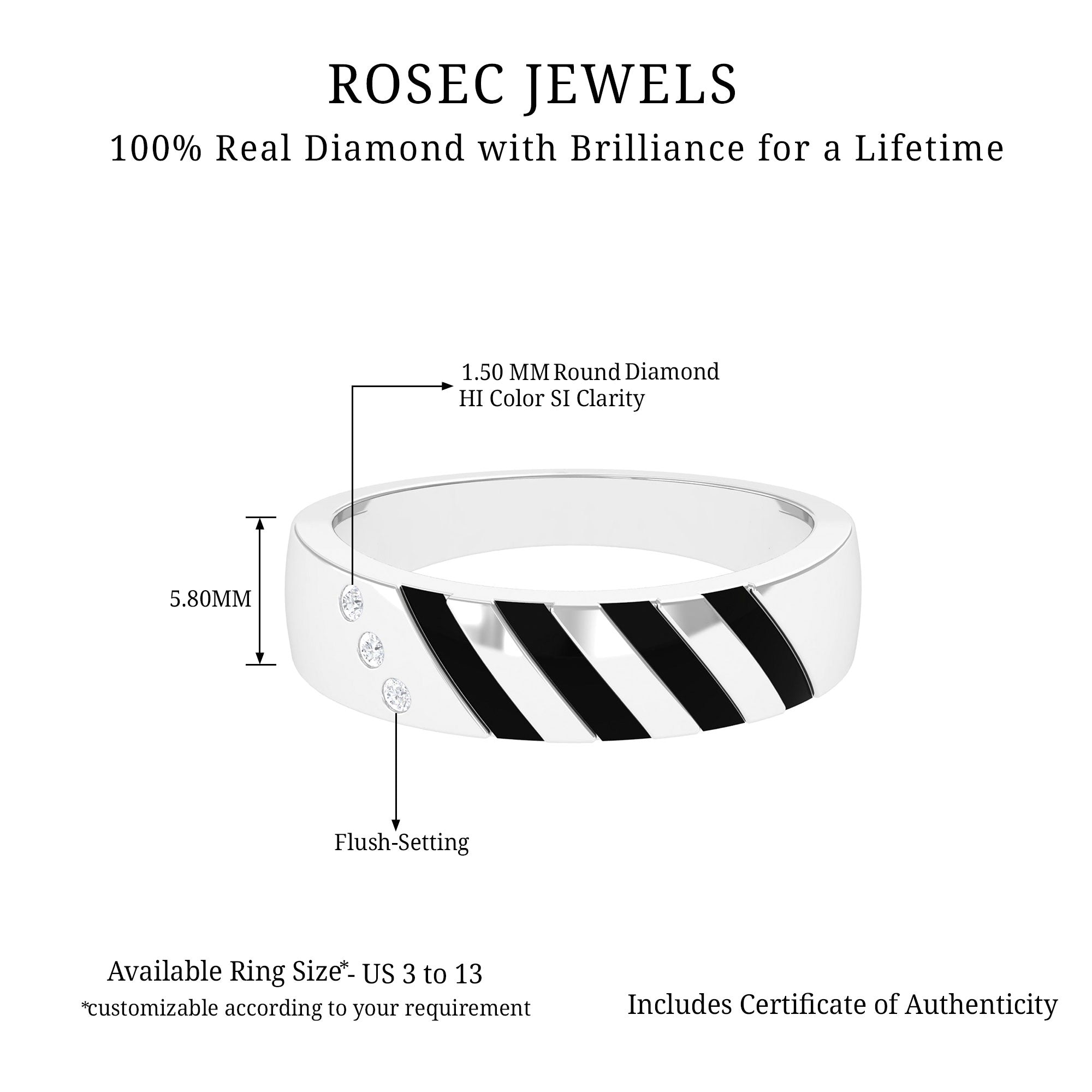 Real Diamond Enamel Band Ring in Flush Setting Diamond - ( HI-SI ) - Color and Clarity - Rosec Jewels
