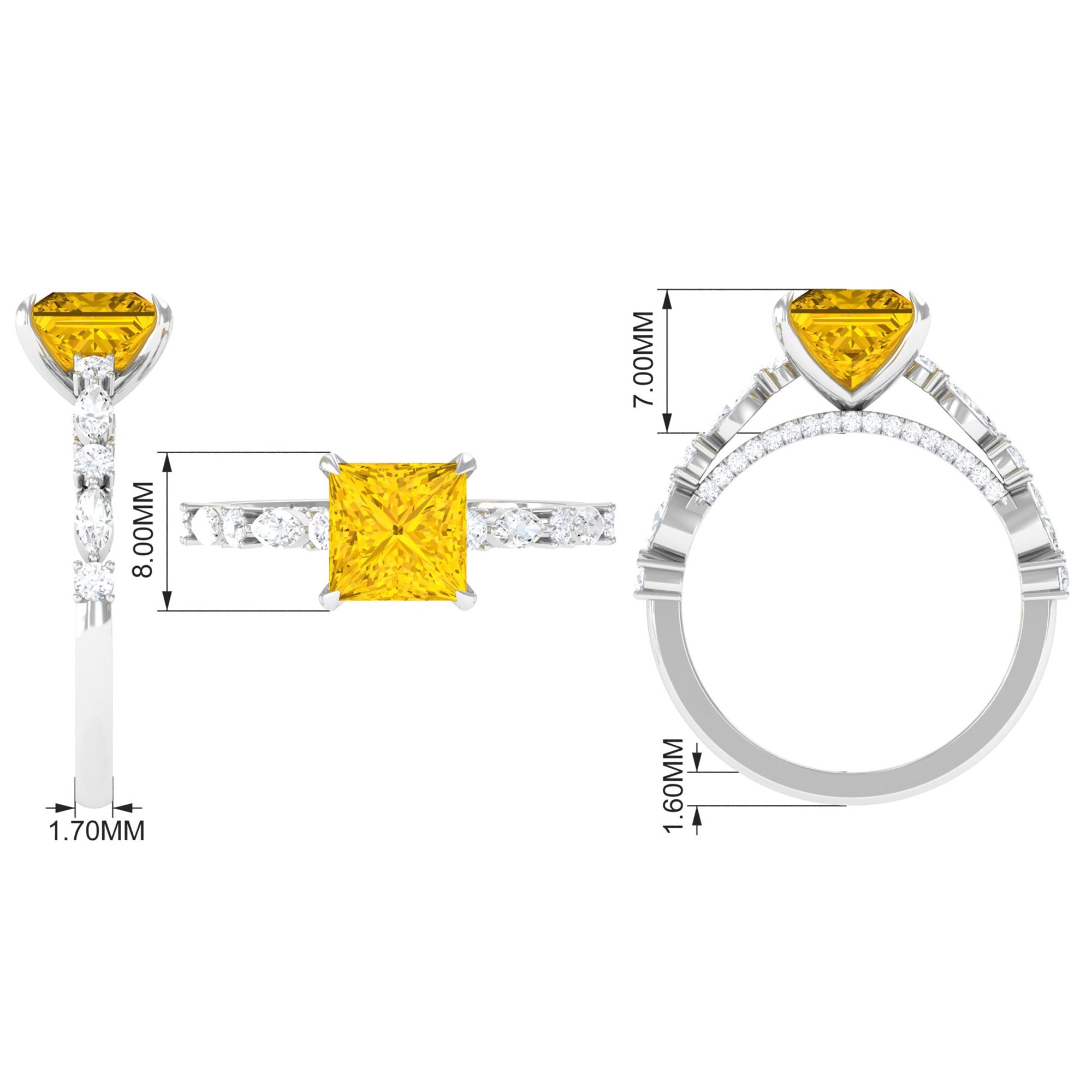 Princess Cut Lab Grown Yellow Sapphire Solitaire Engagement Ring Lab Created Yellow Sapphire - ( AAAA ) - Quality - Rosec Jewels
