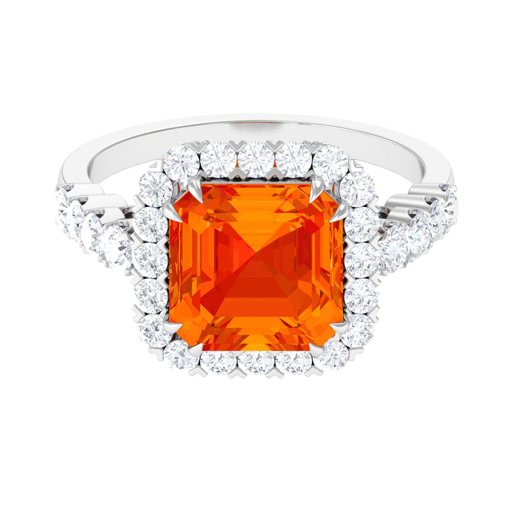 Lab Created Orange Sapphire and Moissanite Halo Engagement Ring Lab Created Orange Sapphire - ( AAAA ) - Quality - Rosec Jewels