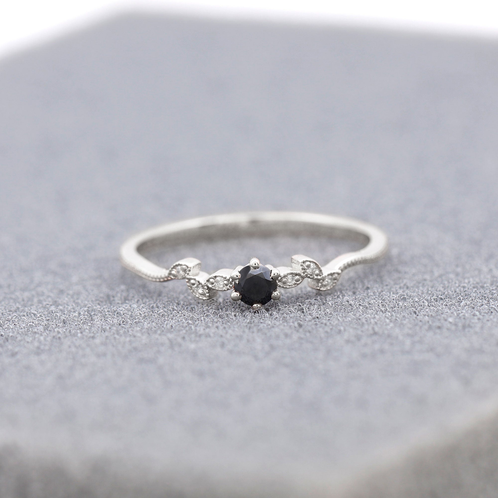 Round Black and White Diamond Minimal Leaf Ring Black Diamond - ( AAA ) - Quality - Rosec Jewels
