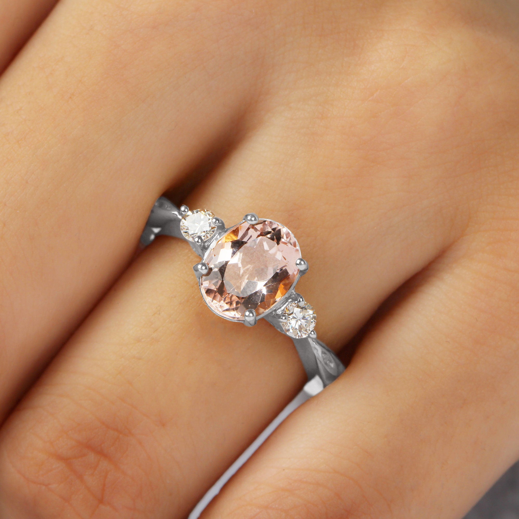 Solitaire Engagement Ring with Oval Morganite and Diamond Morganite - ( AAA ) - Quality - Rosec Jewels