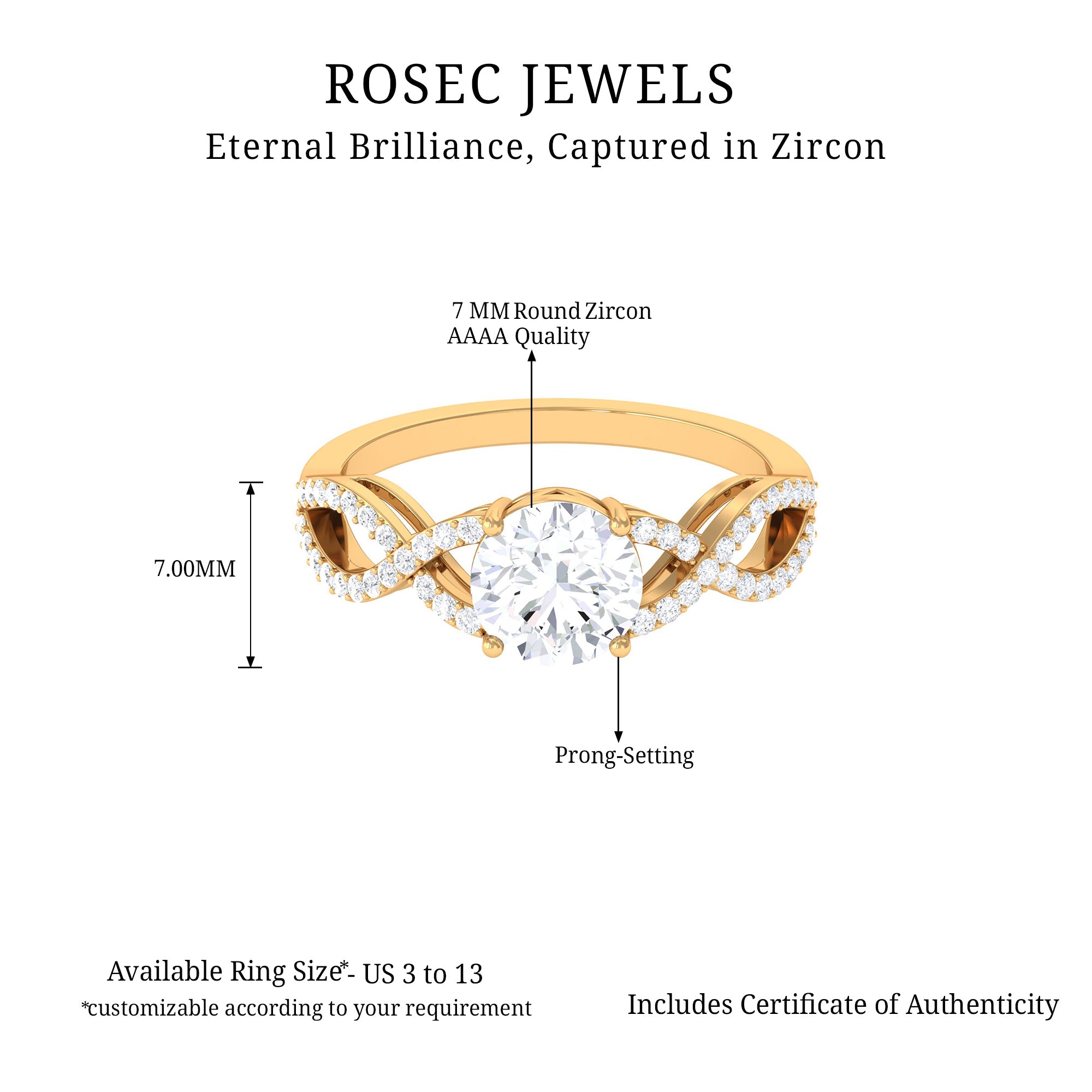 1.75 CT Round Cut Solitaire Zircon Crossover Engagement Ring Zircon - ( AAAA ) - Quality - Rosec Jewels